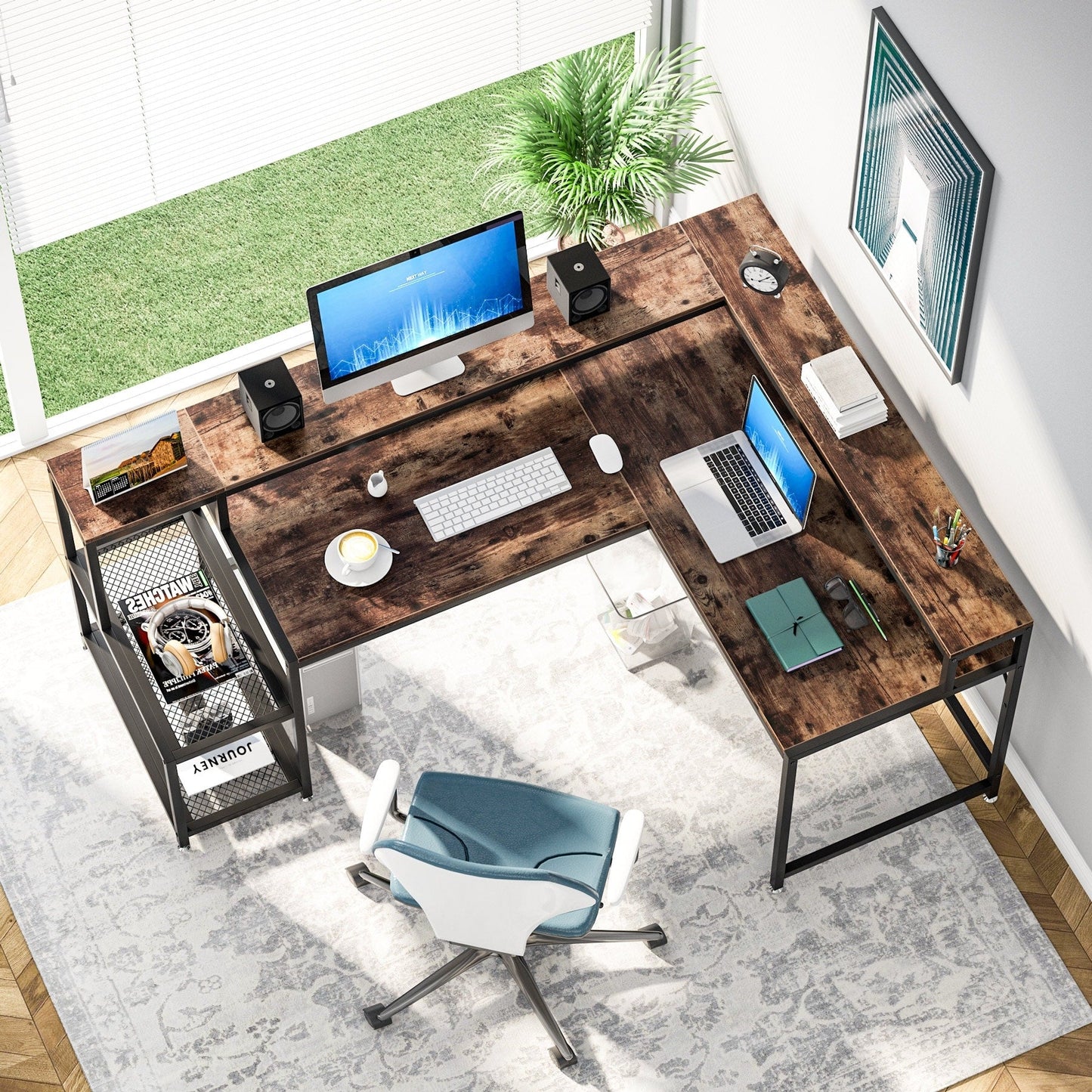 L Shaped Desk with Monitor Shelf, Reversible Corner Computer Desk for Office Home 69