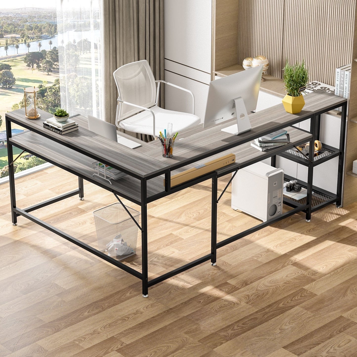 L Shaped Desk with Monitor Shelf, Reversible Corner Computer Desk for Office Home 69