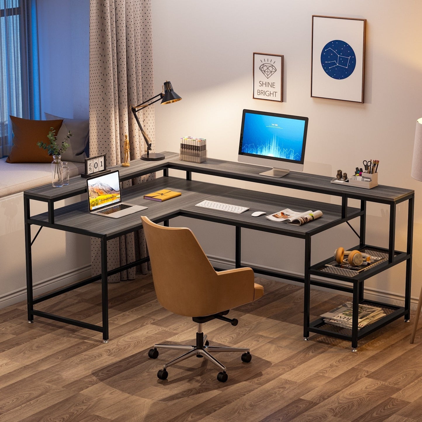 L Shaped Desk with Monitor Shelf, Reversible Corner Computer Desk for Office Home 69