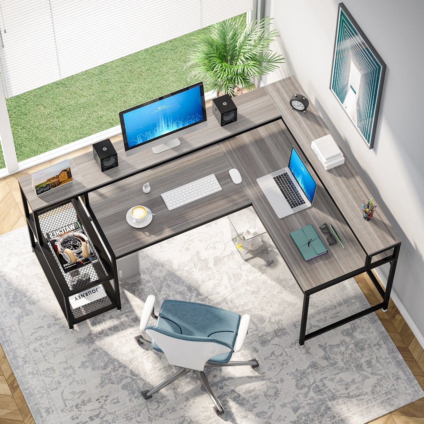 L Shaped Desk with Monitor Shelf, Reversible Corner Computer Desk for Office Home 69