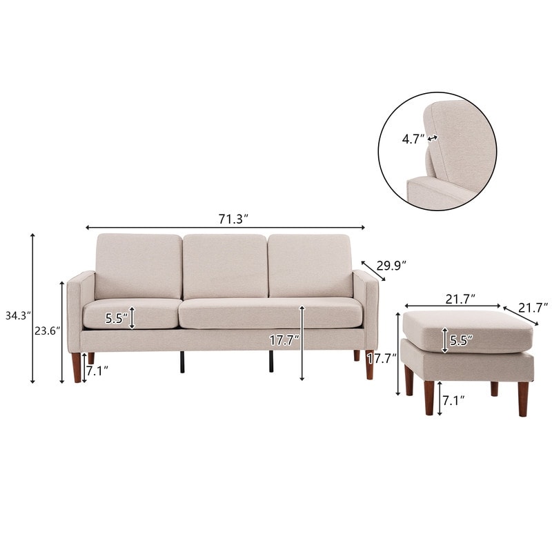 Canapé d'intérieur modulaire 3 places en lin beige avec accoudoirs et pédales Concubine