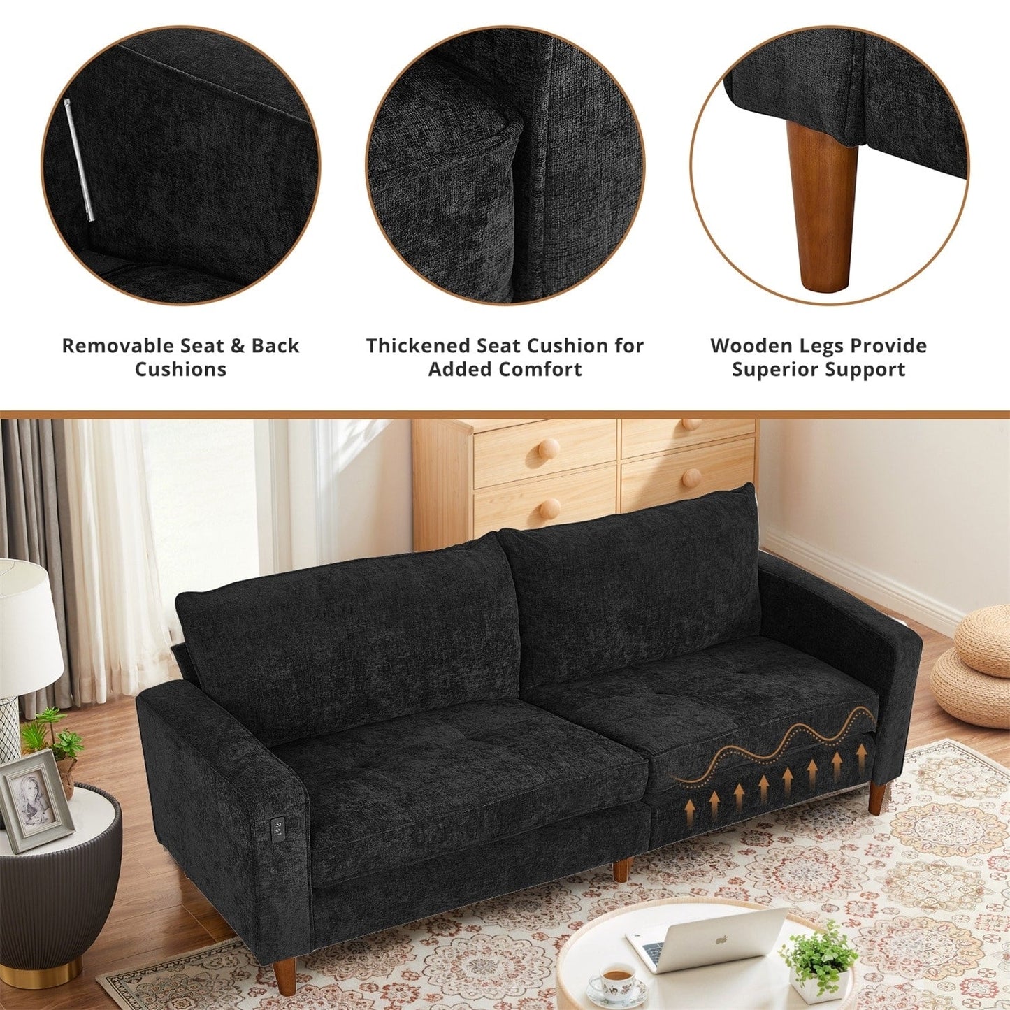 Canapé inclinable moderne en chenille de 82,6 pouces, causeuse, housse amovible avec port USB, facile à installer
