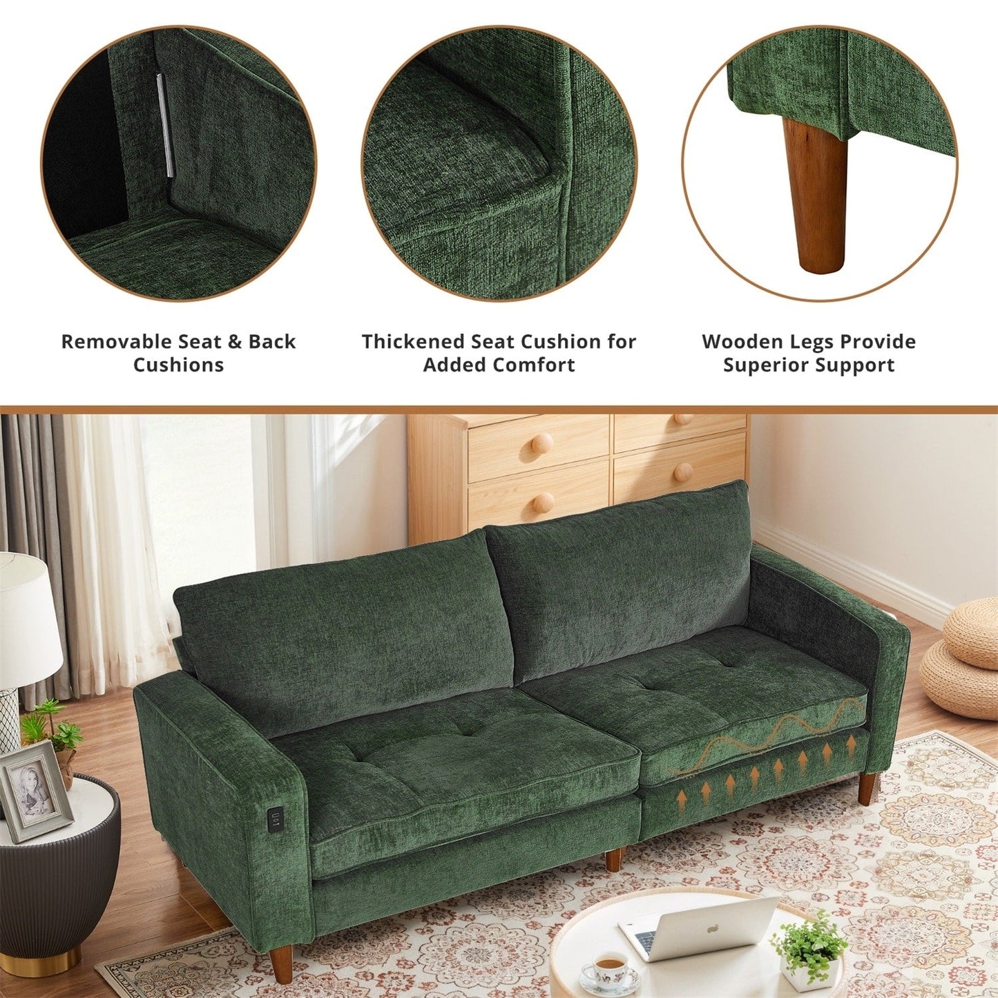 Canapé inclinable moderne en chenille de 82,6 pouces, causeuse, housse amovible avec port USB, facile à installer