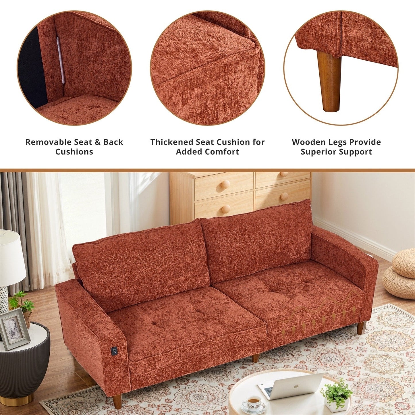 Canapé inclinable moderne en chenille de 82,6 pouces, causeuse, housse amovible avec port USB, facile à installer