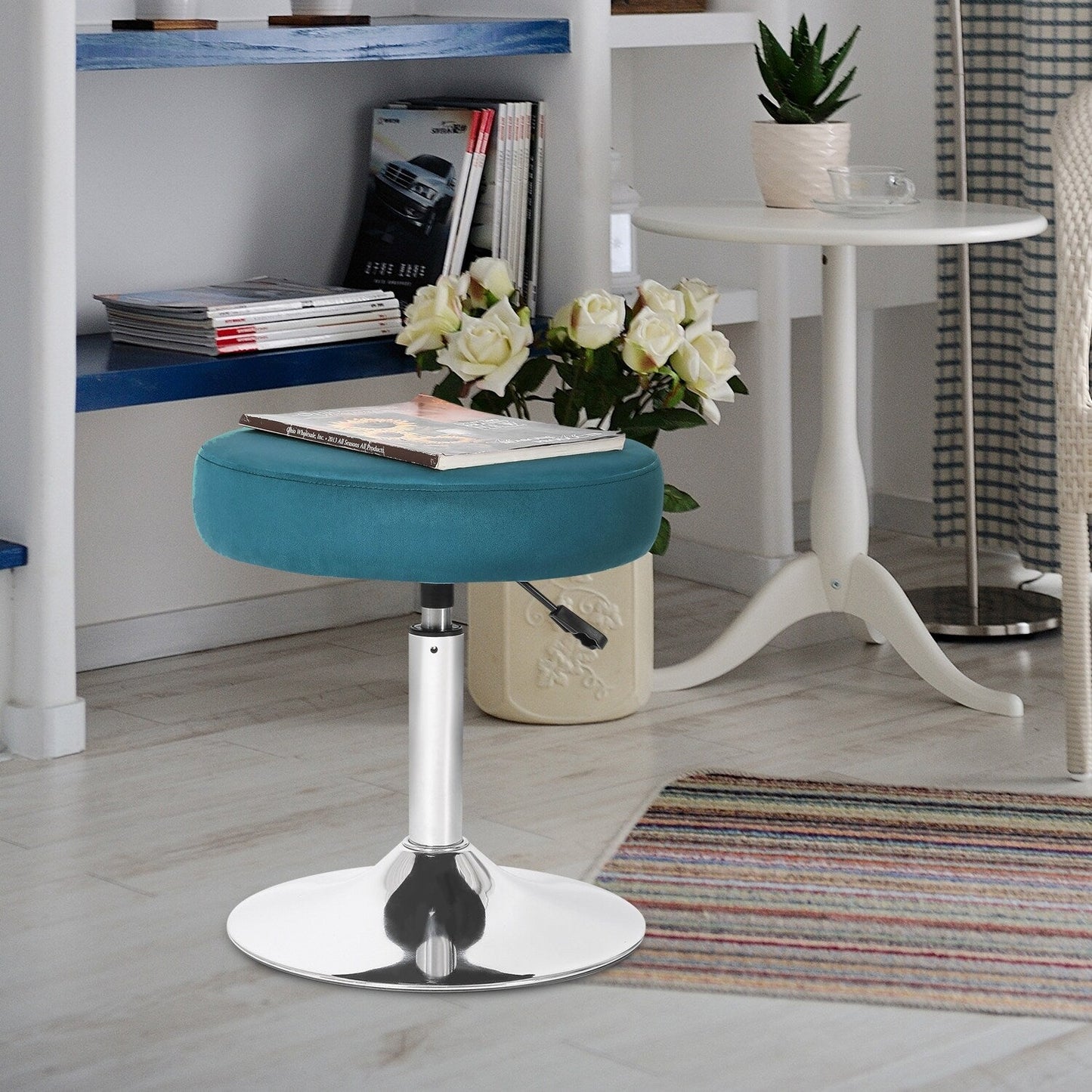 Adeco Adjustable Velvet Round Ottoman Swivel Vanity Stool Makeup Chair