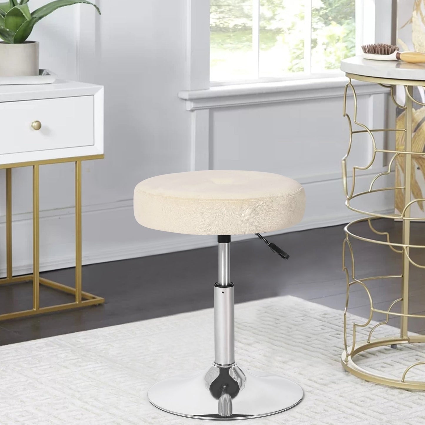 Adeco Adjustable Velvet Round Ottoman Swivel Vanity Stool Makeup Chair