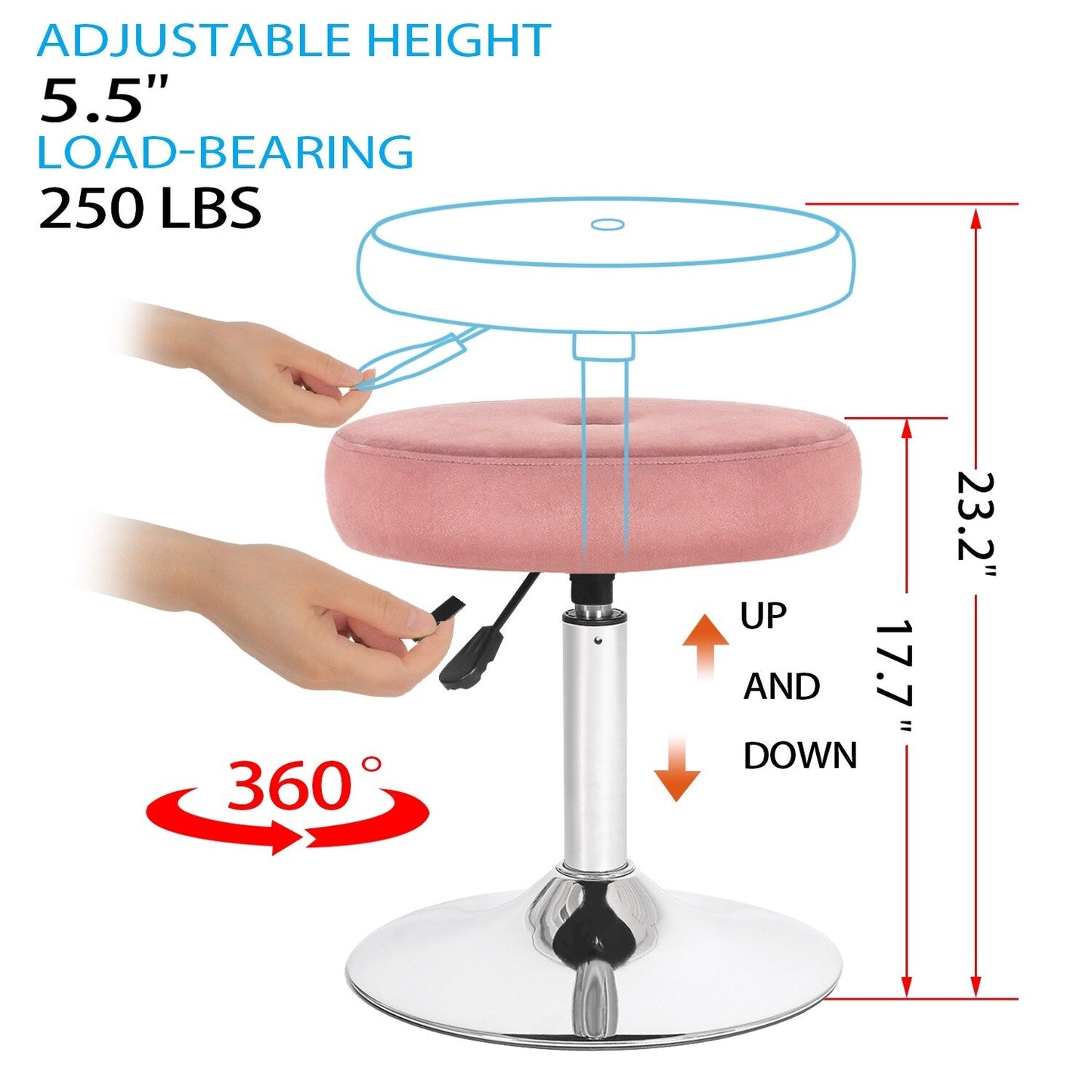Adeco Adjustable Velvet Round Ottoman Swivel Vanity Stool Makeup Chair