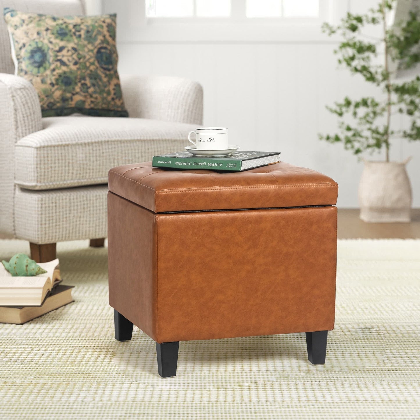 Adeco Bonded Leather Square Tufted Cubic Cube Storage Ottomans
