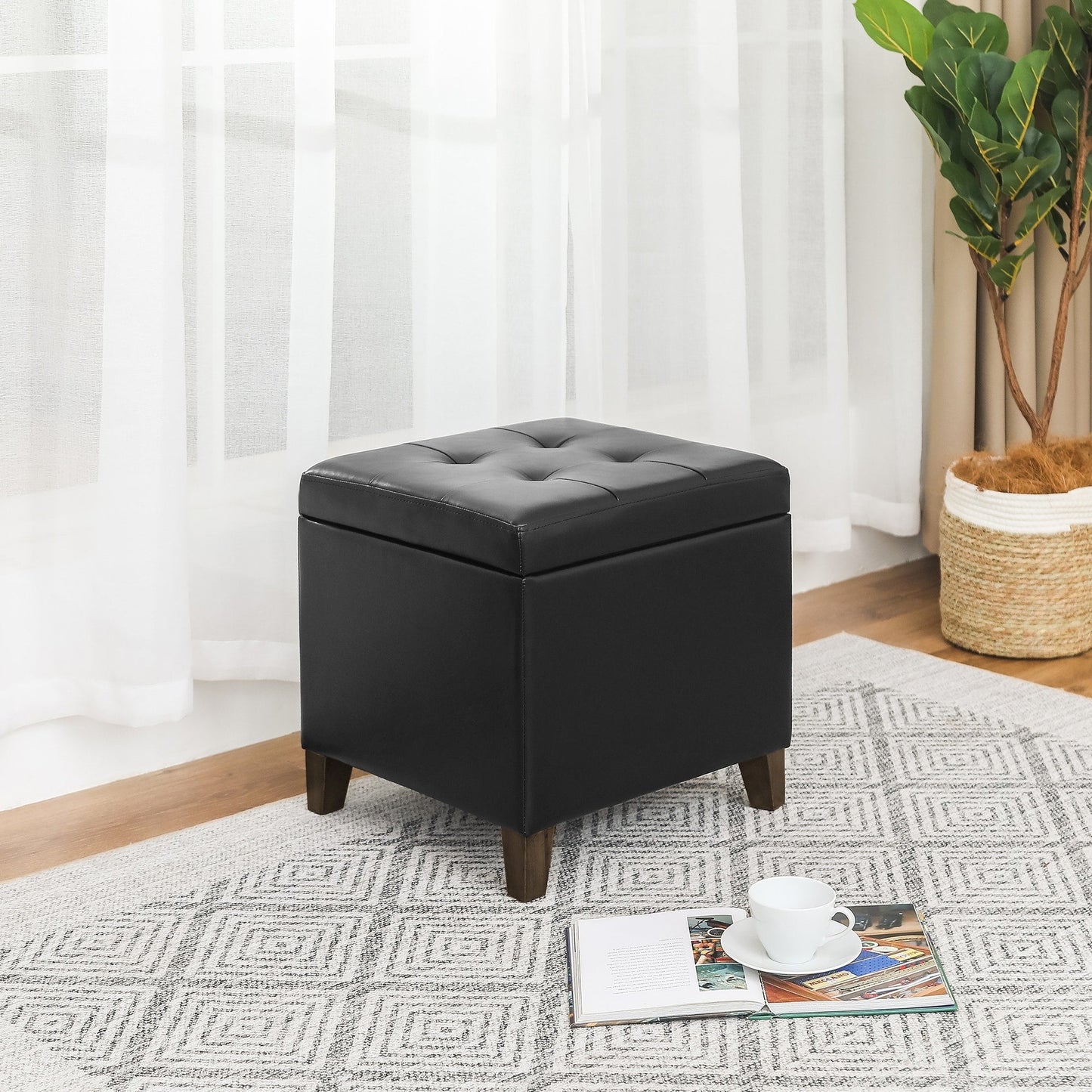 Adeco Bonded Leather Square Tufted Cubic Cube Storage Ottomans