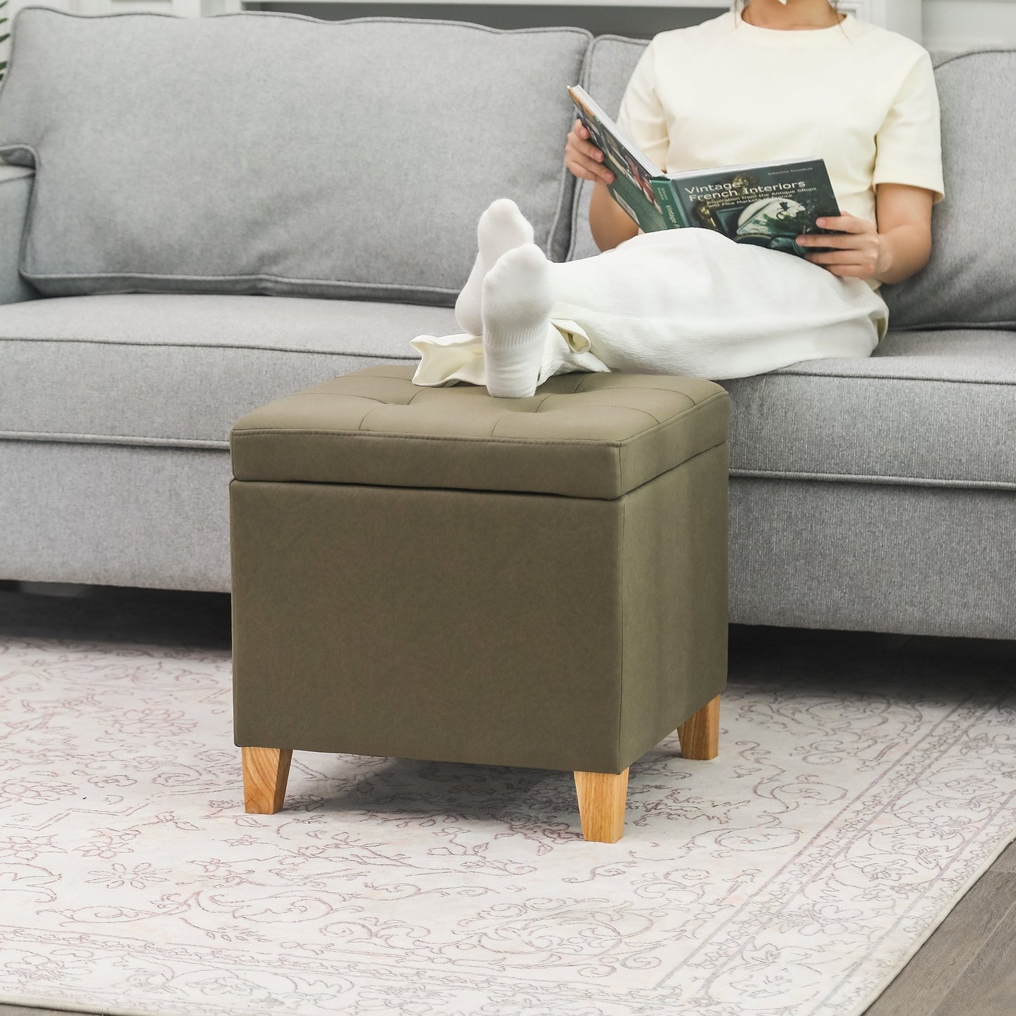 Adeco Bonded Leather Square Tufted Cubic Cube Storage Ottomans