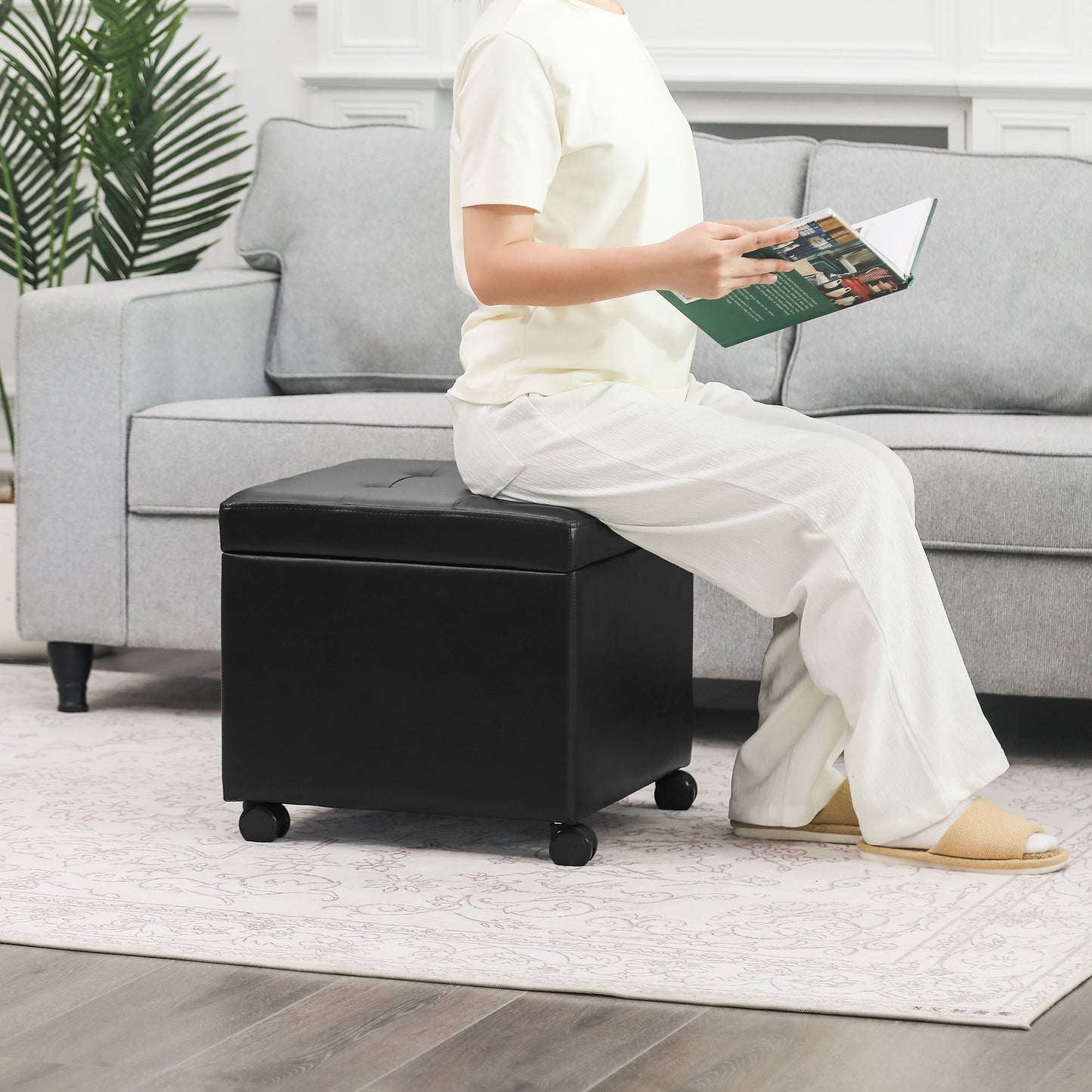 Adeco Bonded Leather Square Tufted Cubic Cube Storage Ottomans