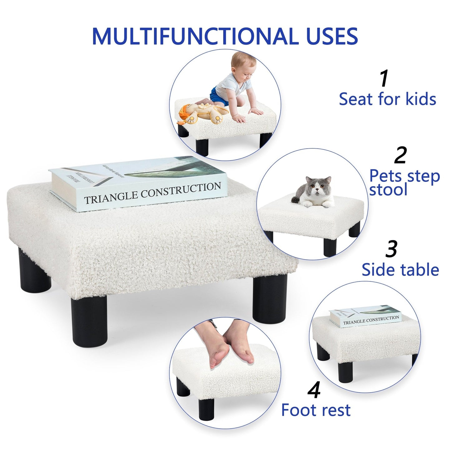 Adeco Ottoman Upholstered Fabric Footrest Pet Steps Dog Stair Stool