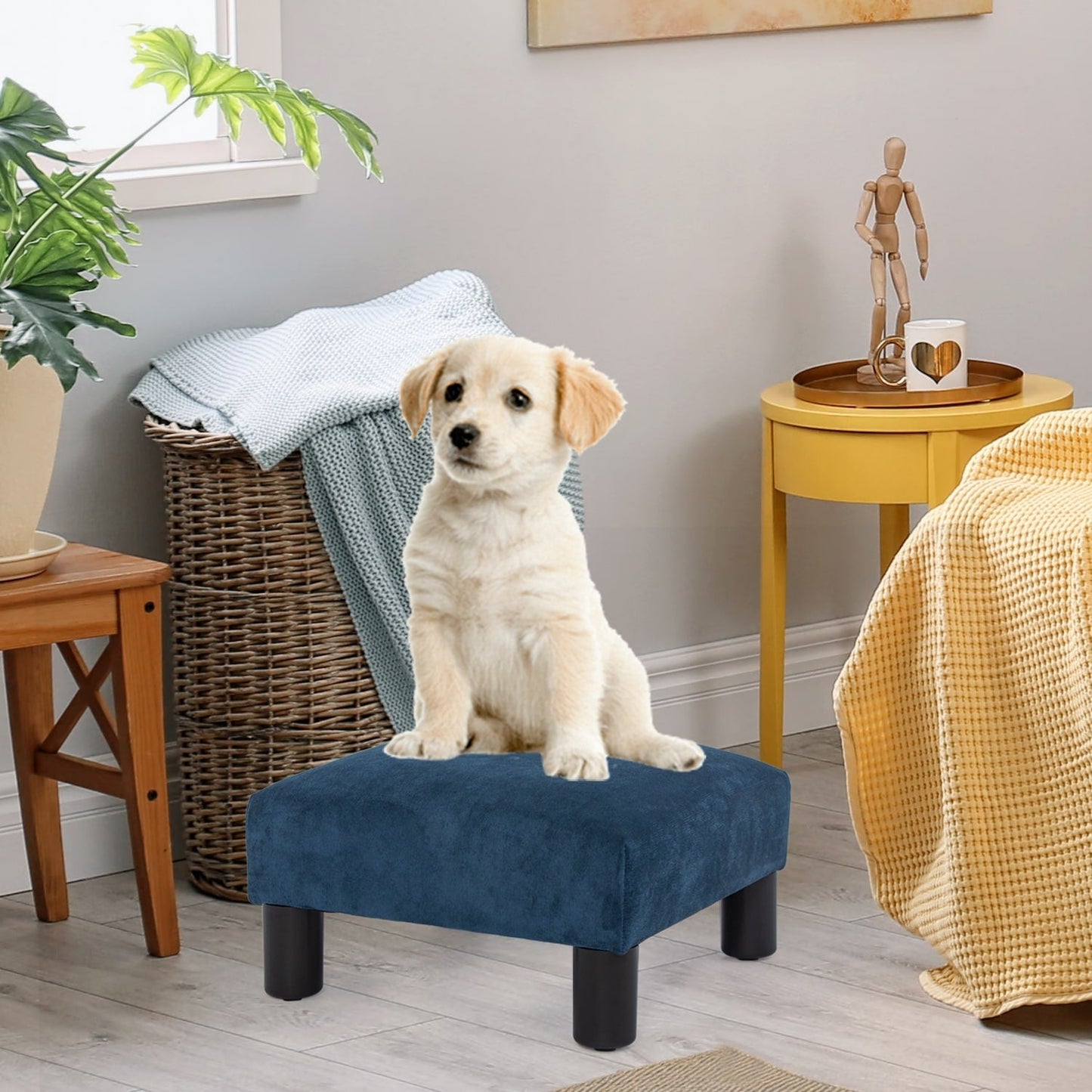 Adeco Ottoman Upholstered Fabric Footrest Pet Steps Dog Stair Stool