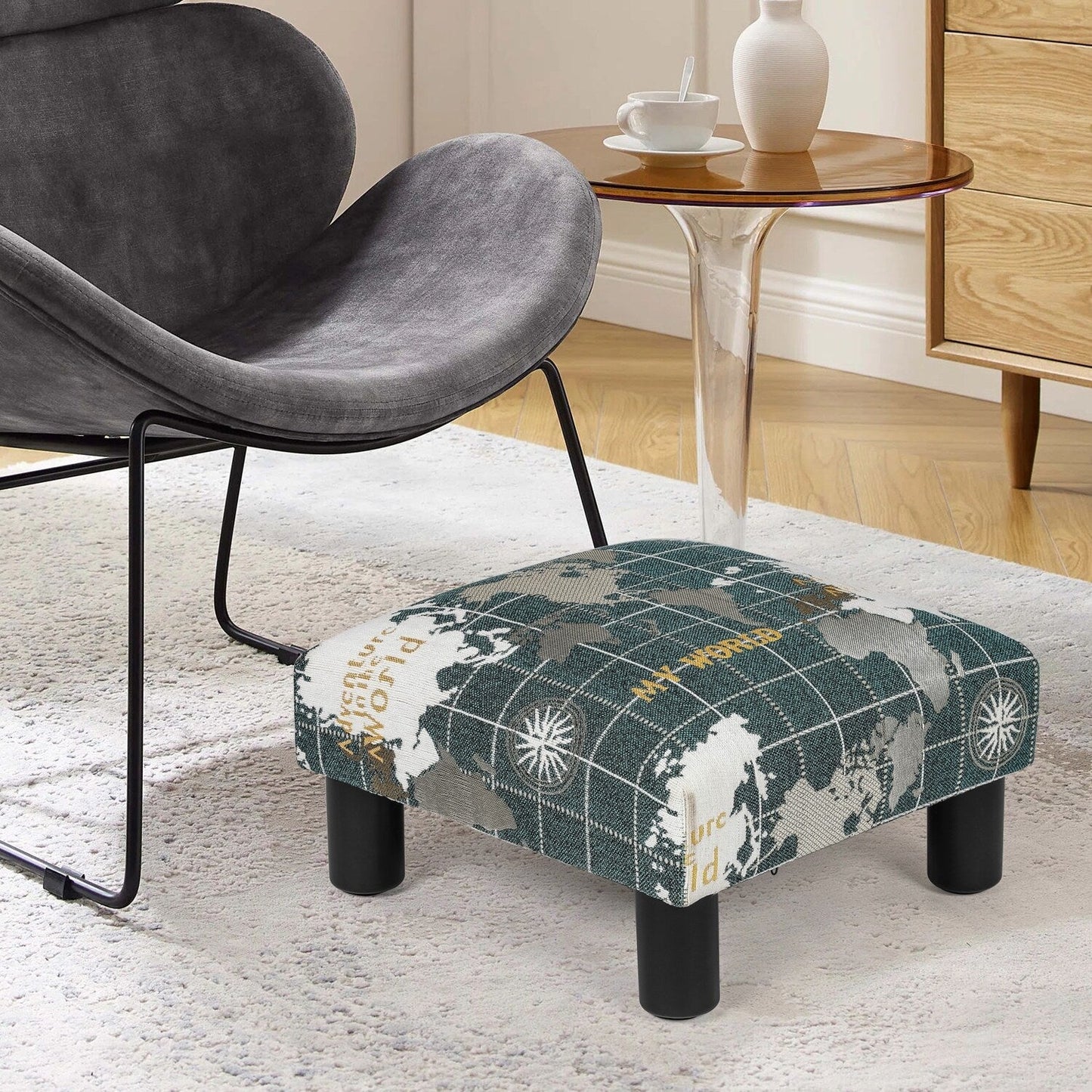 Adeco Small Ottoman Upholstered Footrest- Pet Steps Dog Stairs Stool