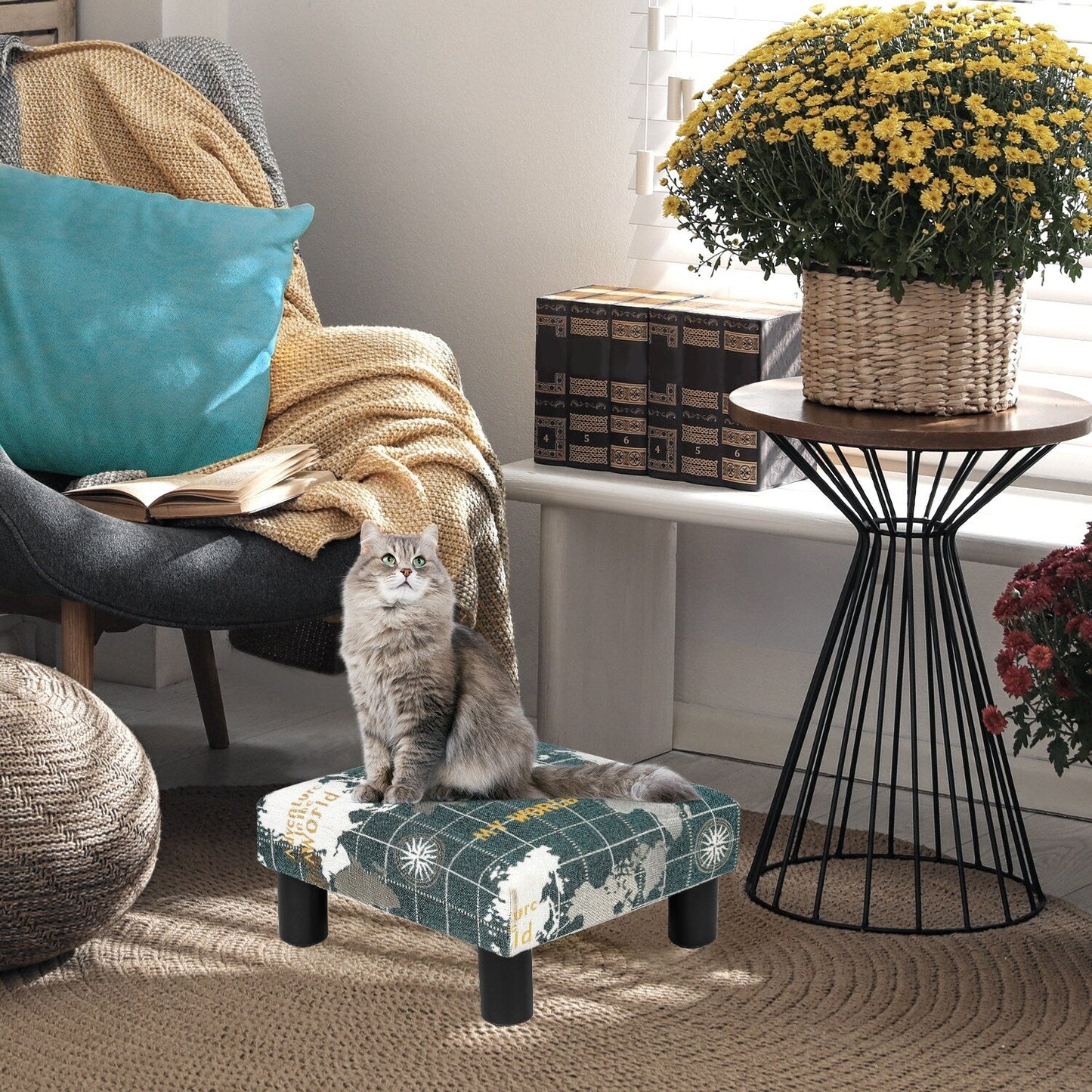 Adeco Small Ottoman Upholstered Footrest- Pet Steps Dog Stairs Stool
