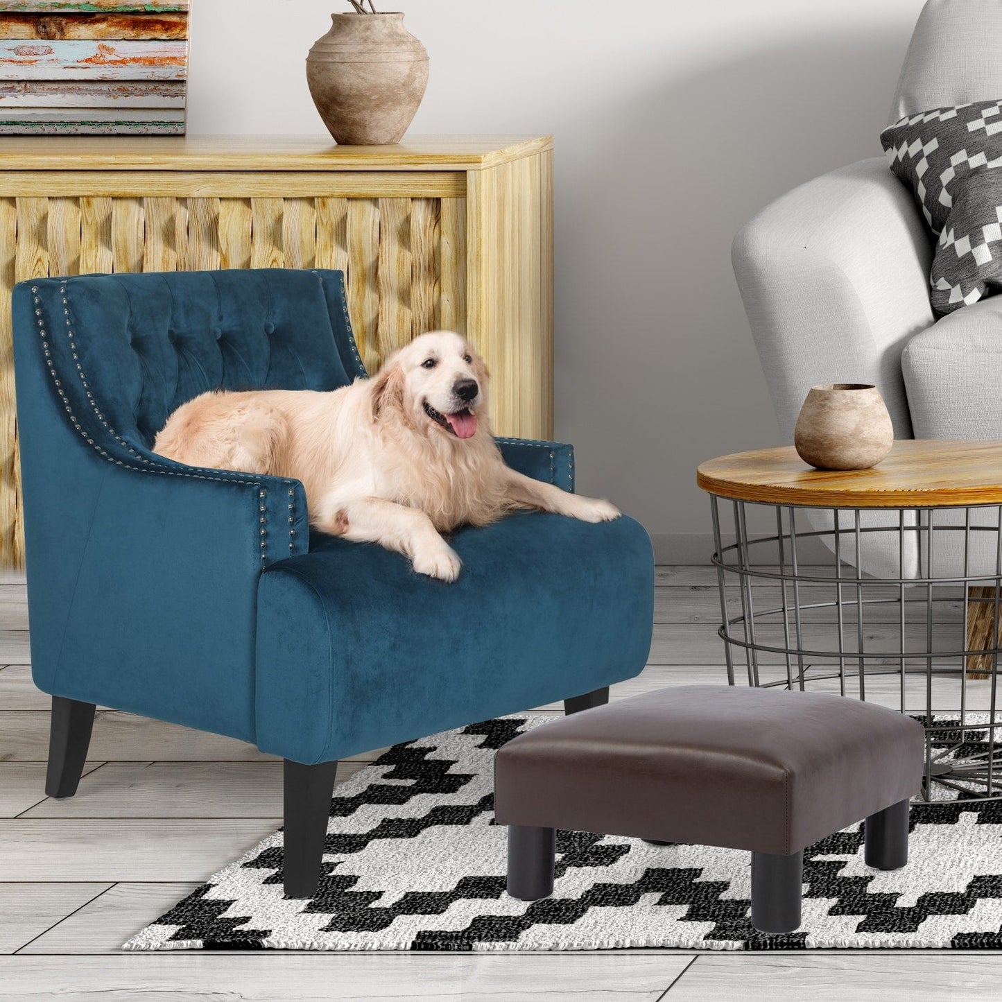 Adeco Small Ottoman Upholstered Footrest Pet Steps Dog Stairs Stool