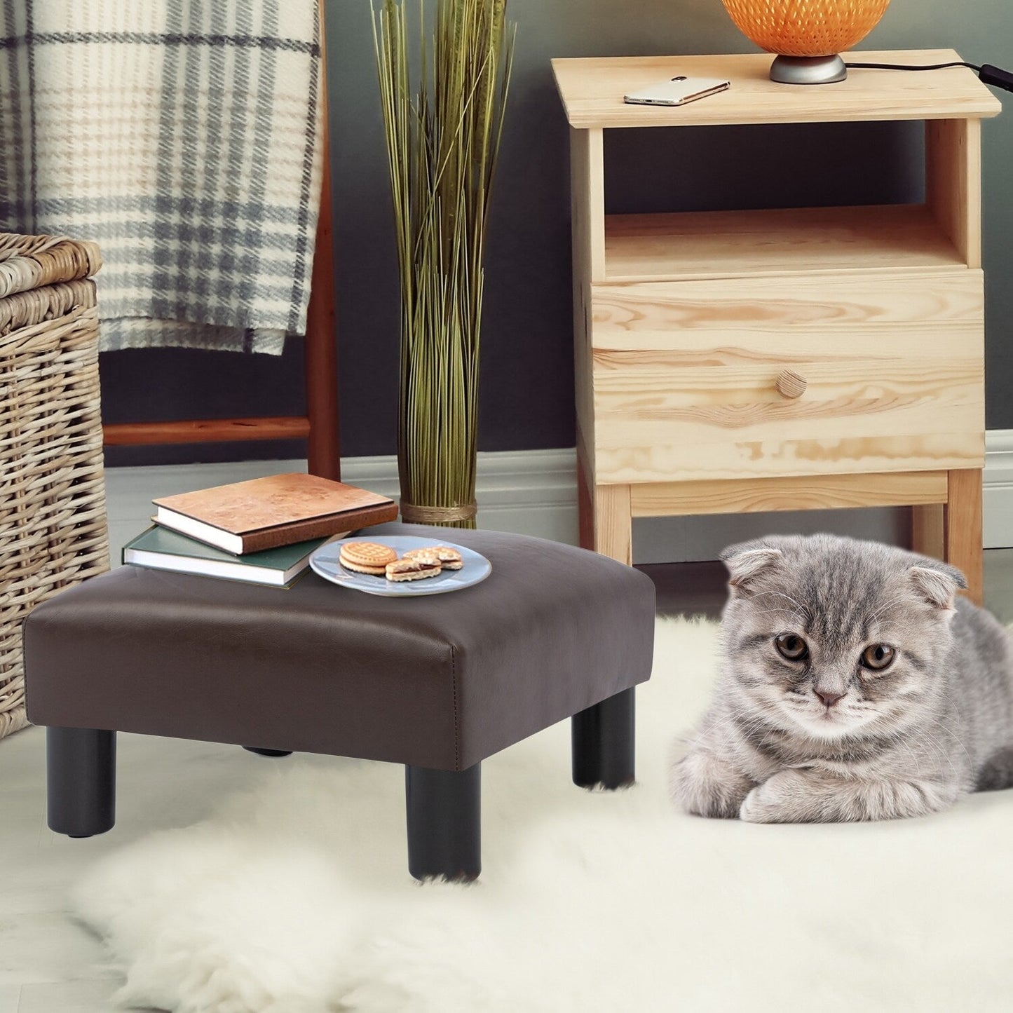 Adeco Small Ottoman Upholstered Footrest Pet Steps Dog Stairs Stool