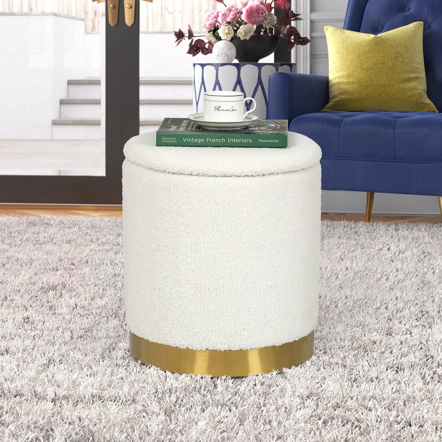 Adeco Velvet Round Storage Stool Gold Plating Base Storage Ottoman