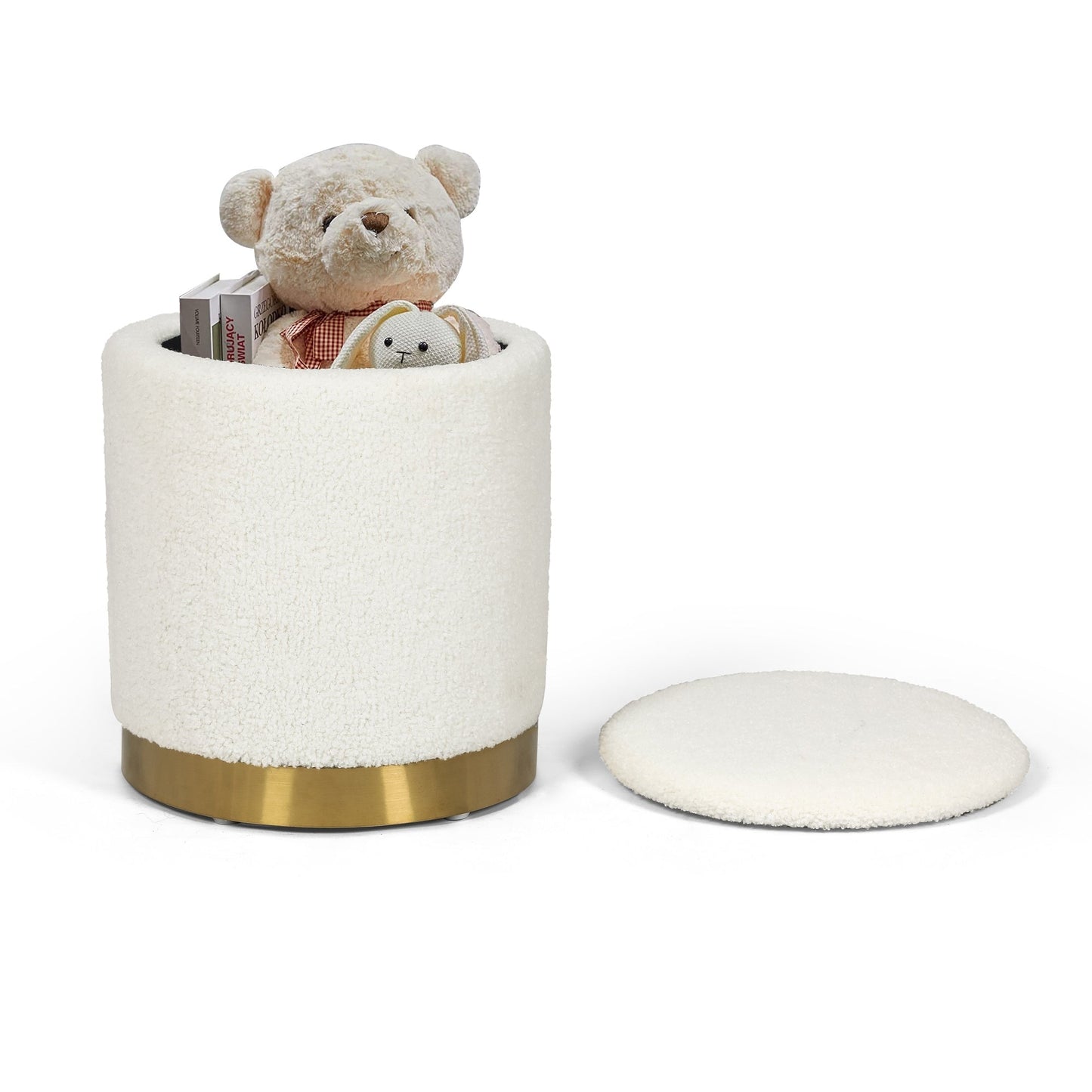 Adeco Velvet Round Storage Stool Gold Plating Base Storage Ottoman