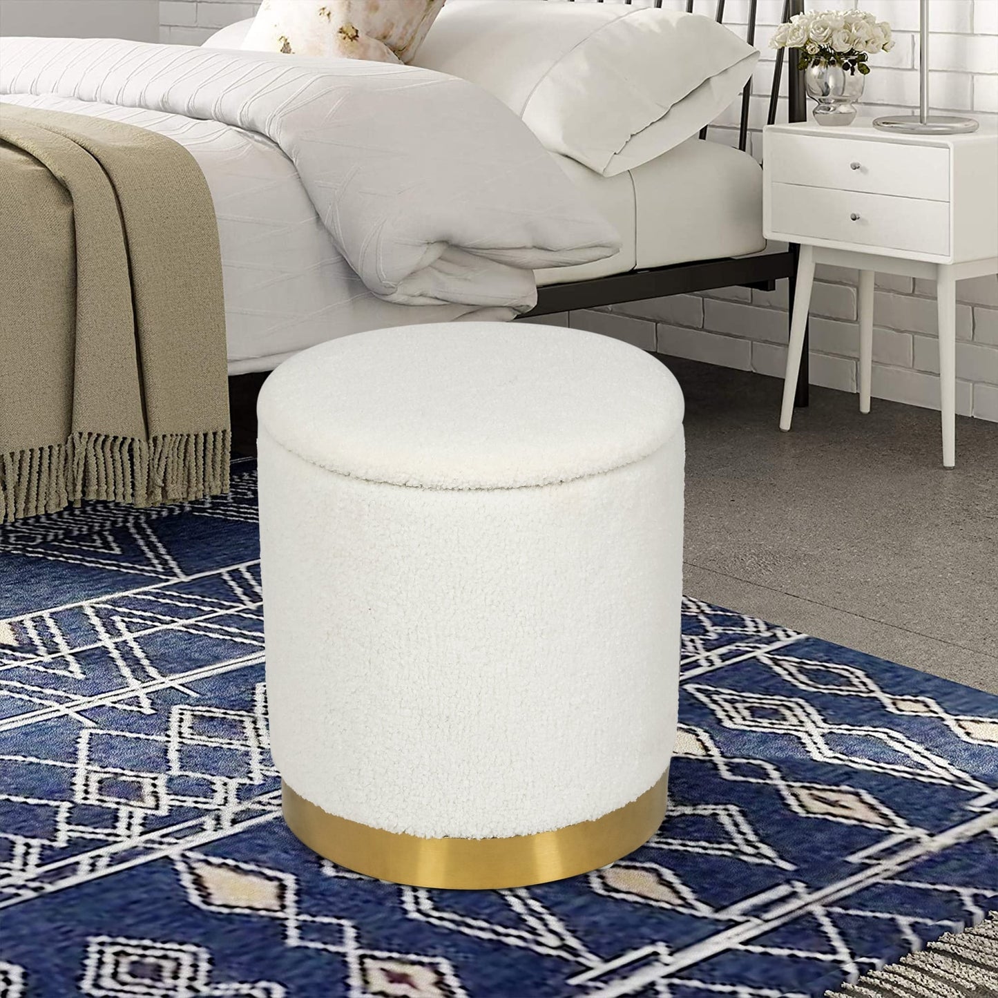 Adeco Velvet Round Storage Stool Gold Plating Base Storage Ottoman