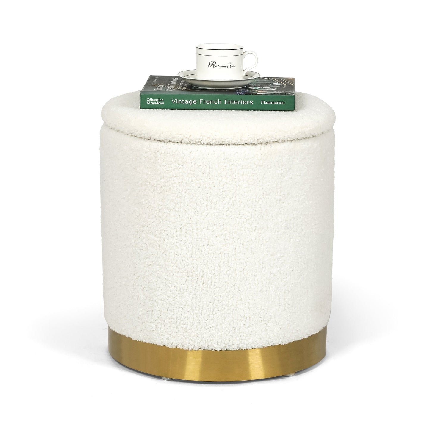 Adeco Velvet Round Storage Stool Gold Plating Base Storage Ottoman