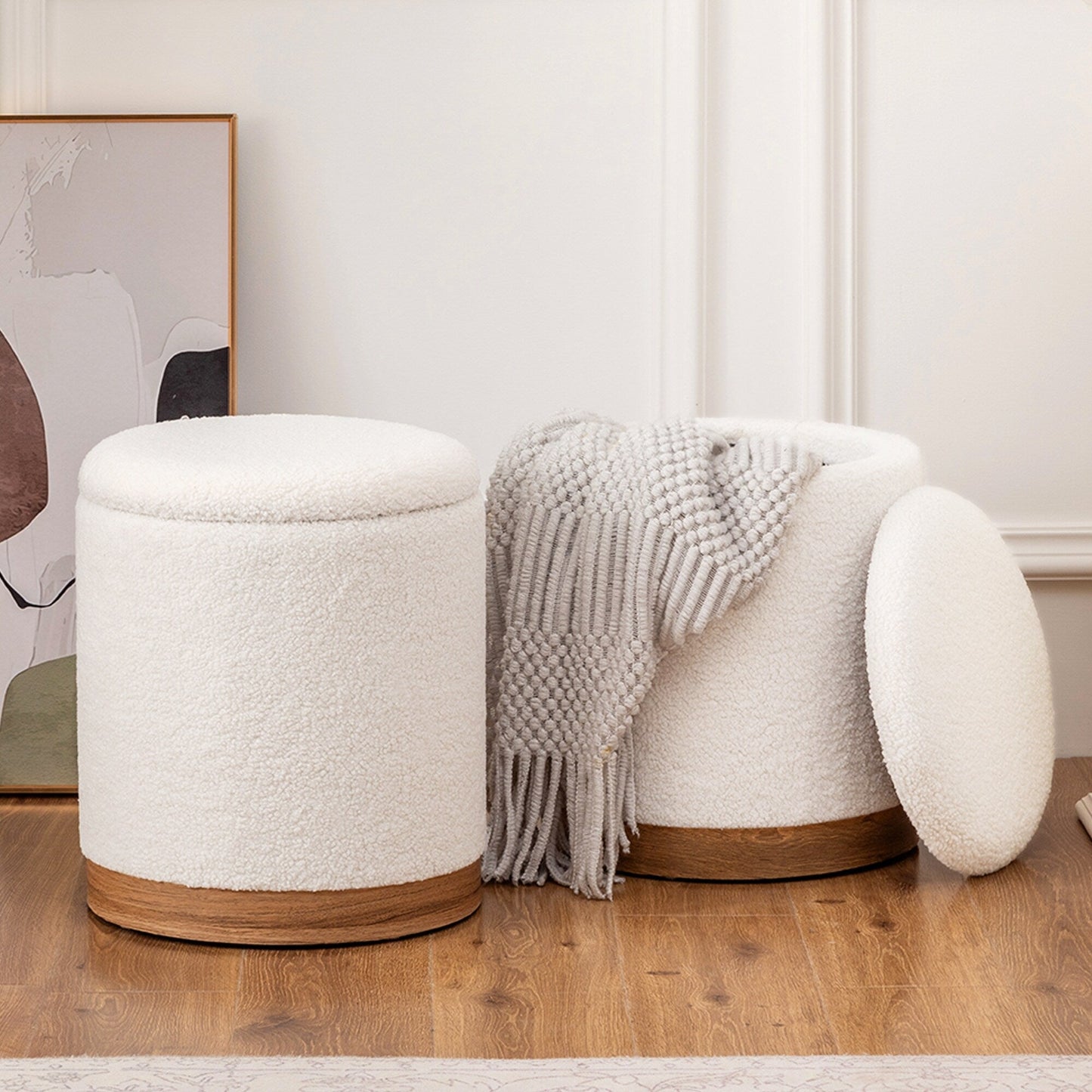 Adeco Velvet Round Storage Stool Gold Plating Base Storage Ottoman