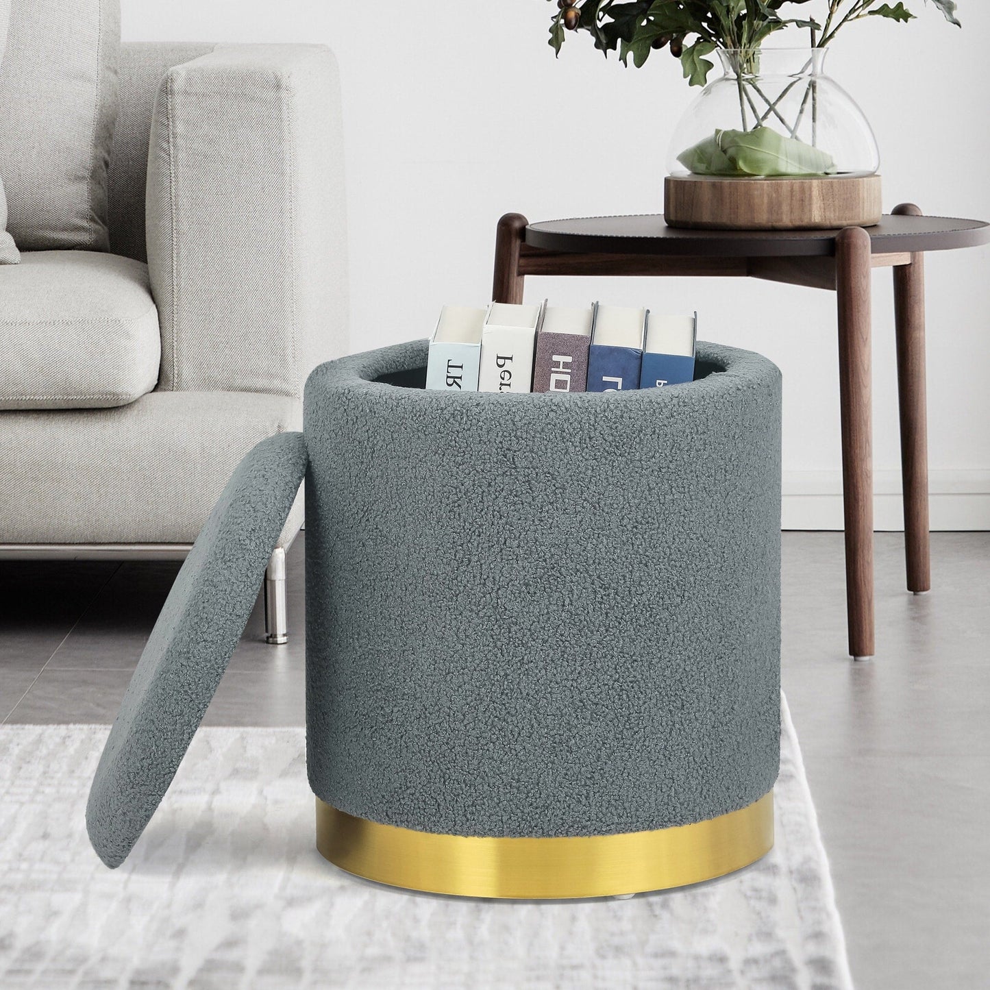 Adeco Velvet Round Storage Stool Gold Plating Base Storage Ottoman