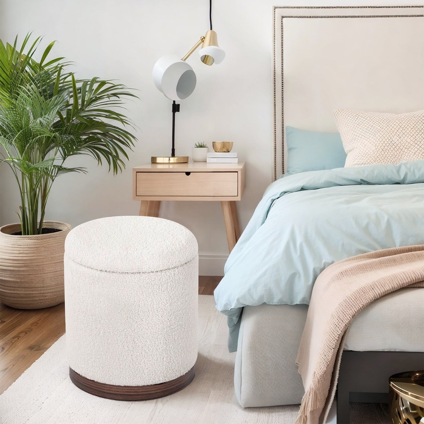 Adeco Velvet Round Storage Stool Gold Plating Base Storage Ottoman