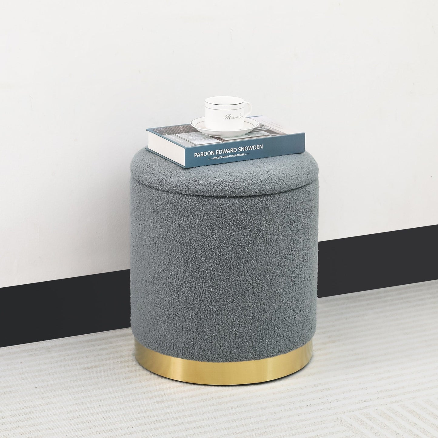 Adeco Velvet Round Storage Stool Gold Plating Base Storage Ottoman