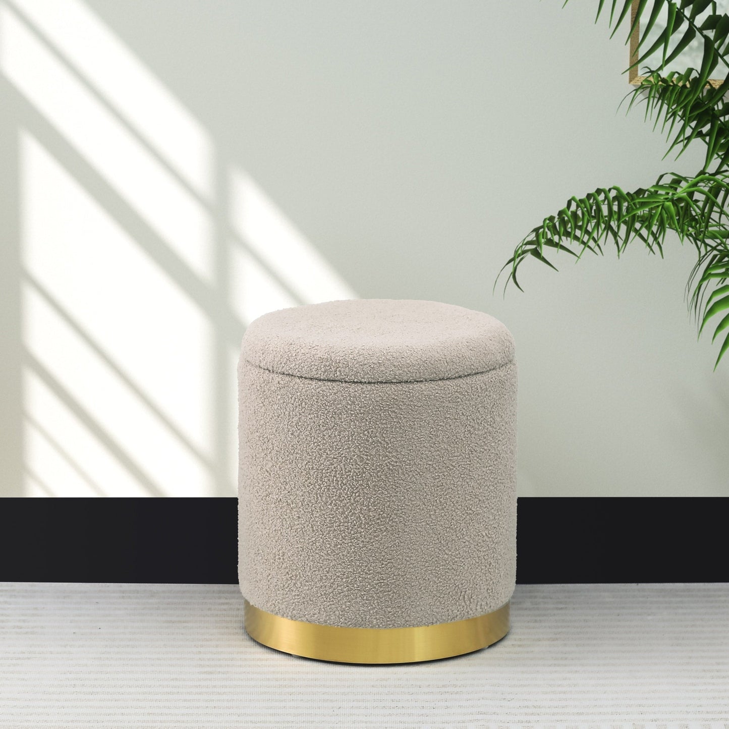 Adeco Velvet Round Storage Stool Gold Plating Base Storage Ottoman