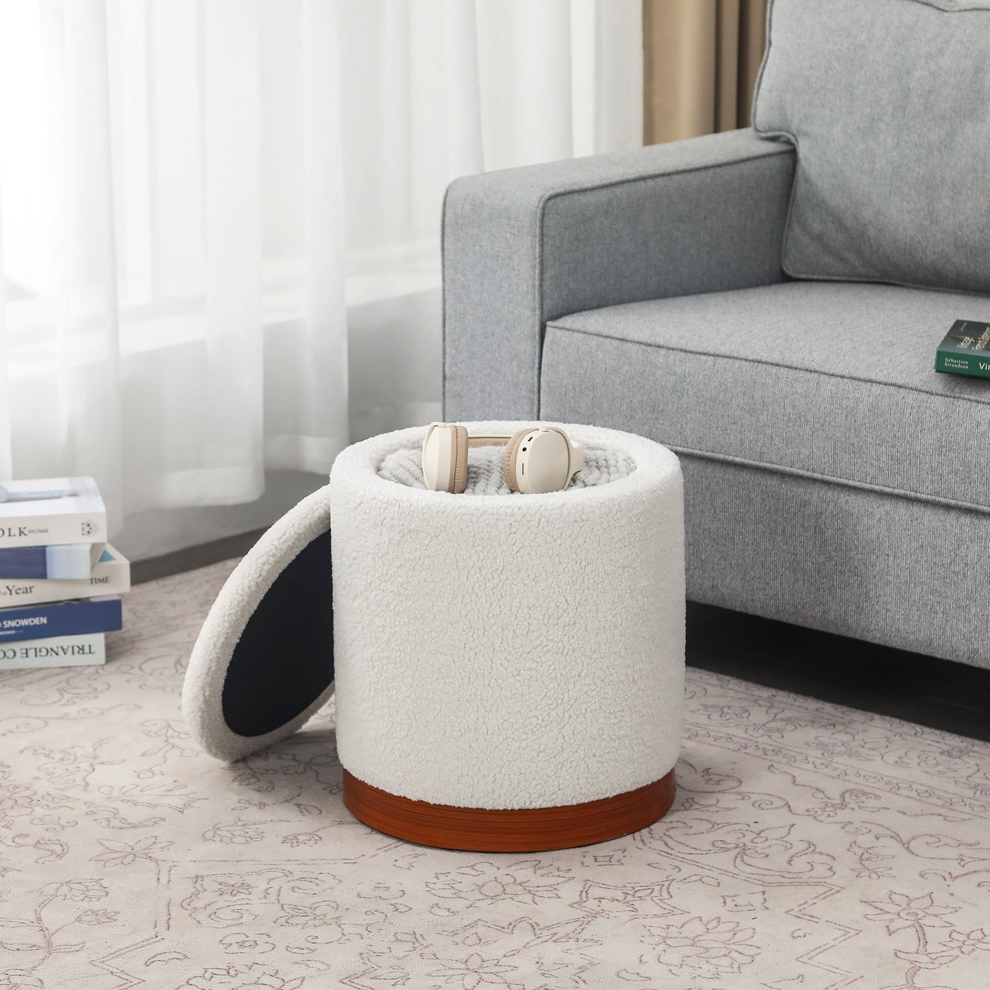 Adeco Velvet Round Storage Stool Gold Plating Base Storage Ottoman