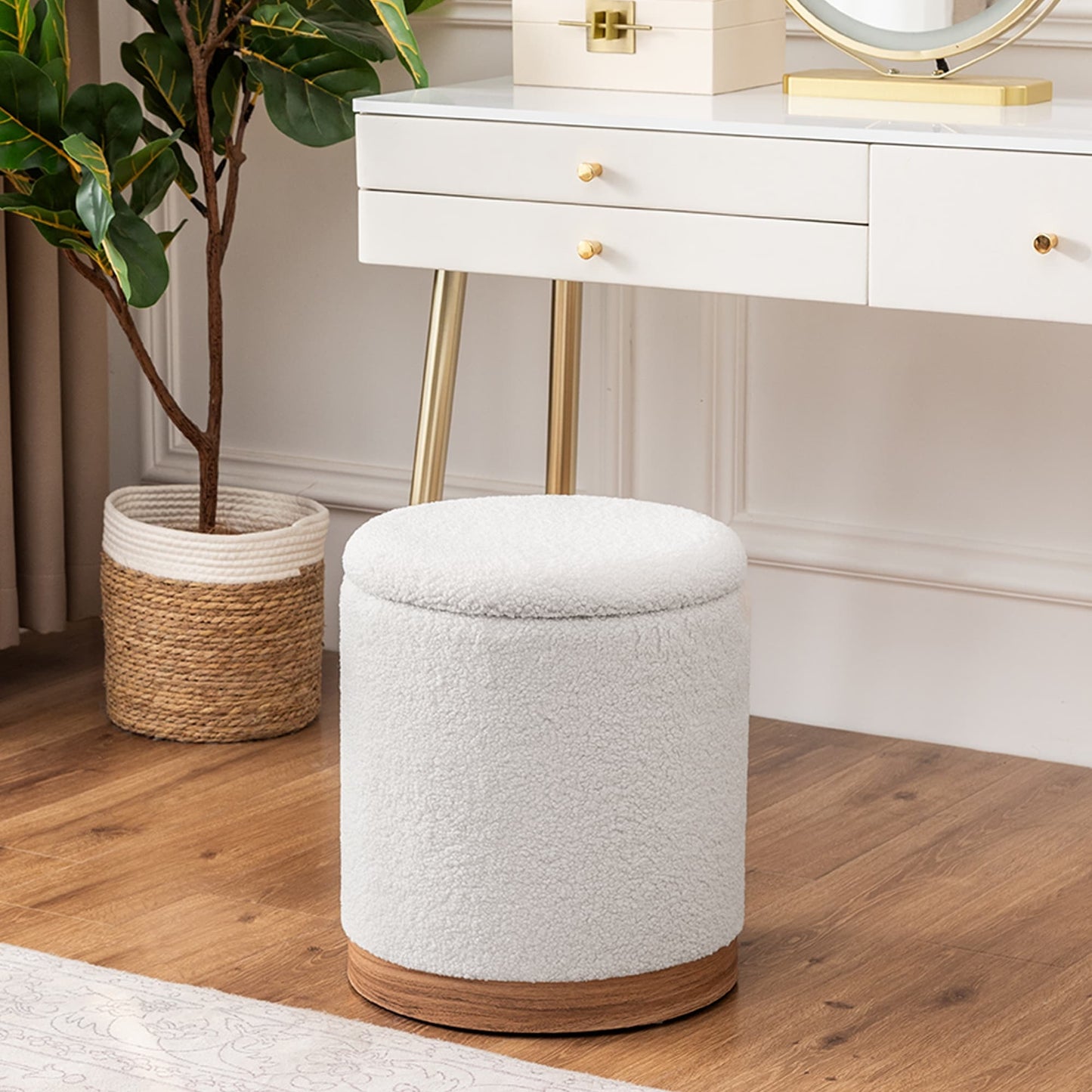 Adeco Velvet Round Storage Stool Gold Plating Base Storage Ottoman