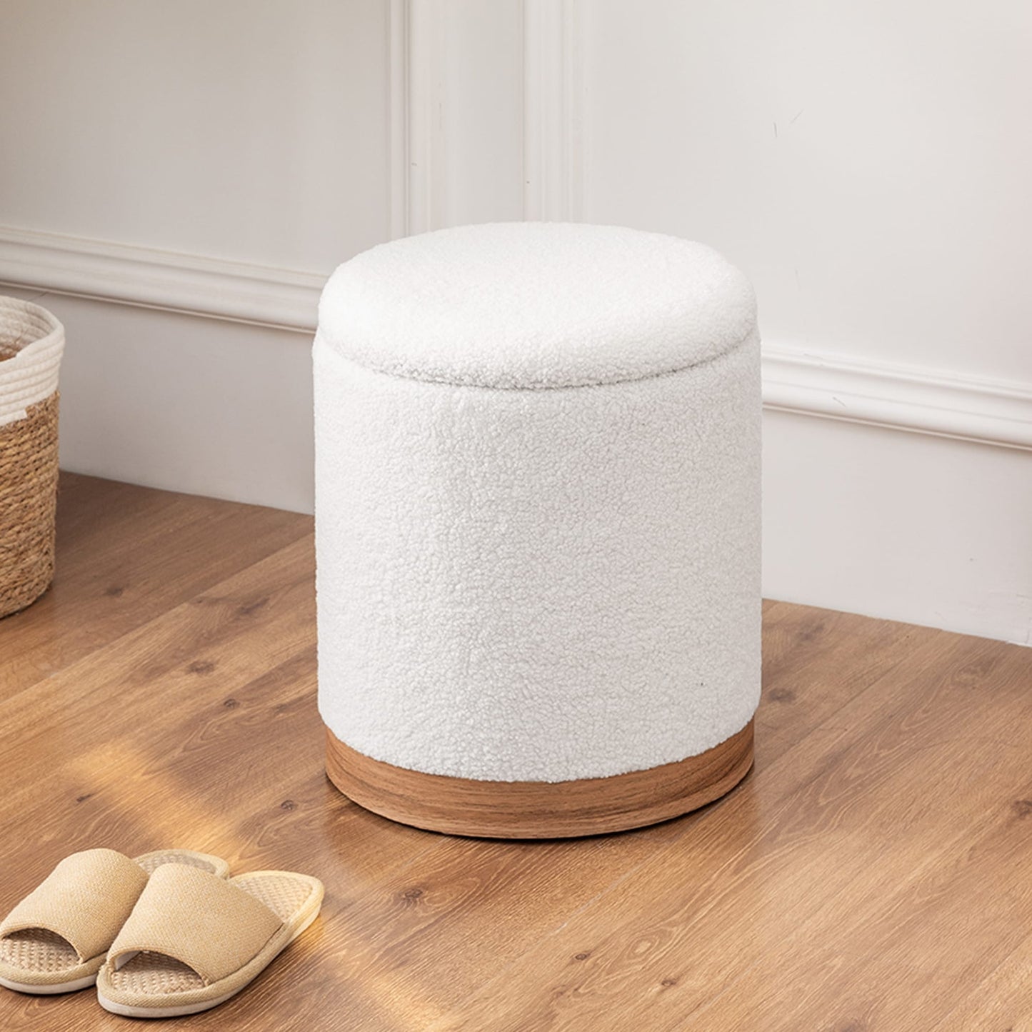 Adeco Velvet Round Storage Stool Gold Plating Base Storage Ottoman