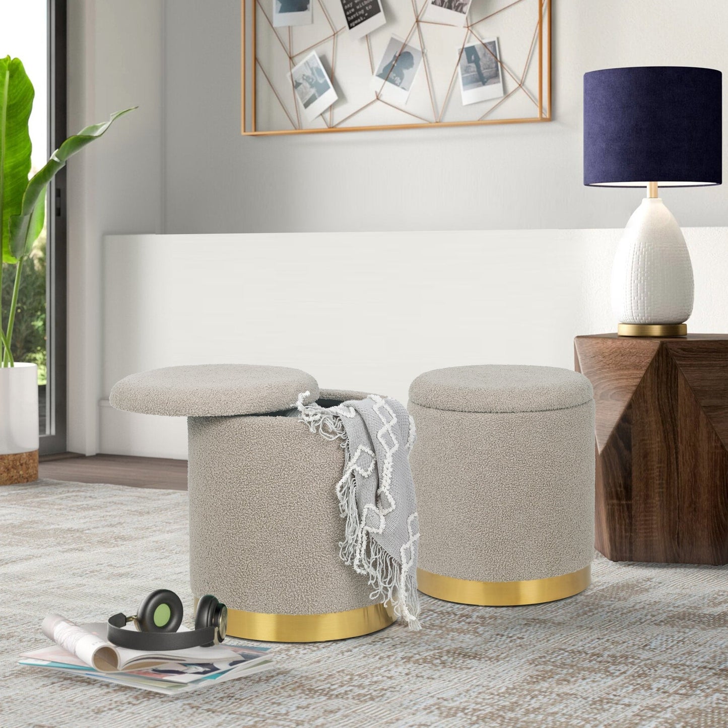Adeco Velvet Round Storage Stool Gold Plating Base Storage Ottoman