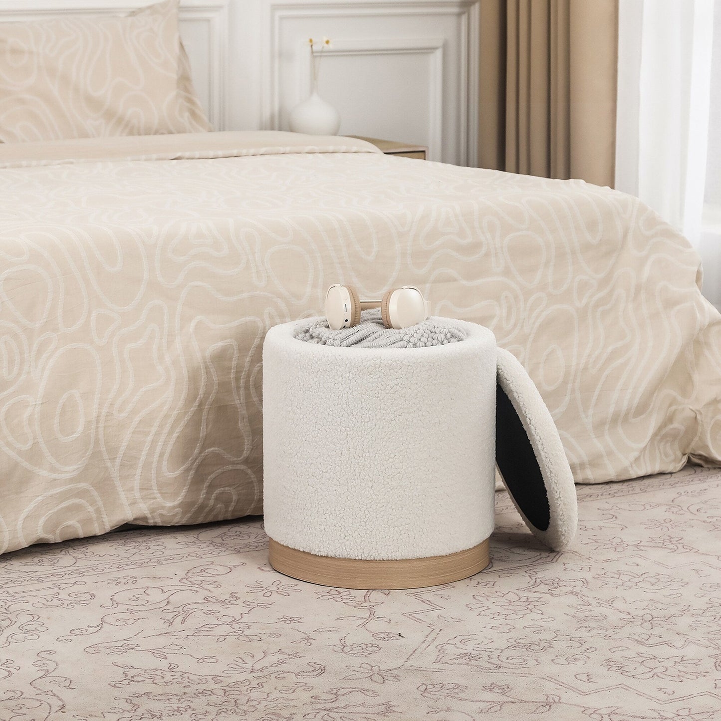 Adeco Velvet Round Storage Stool Gold Plating Base Storage Ottoman