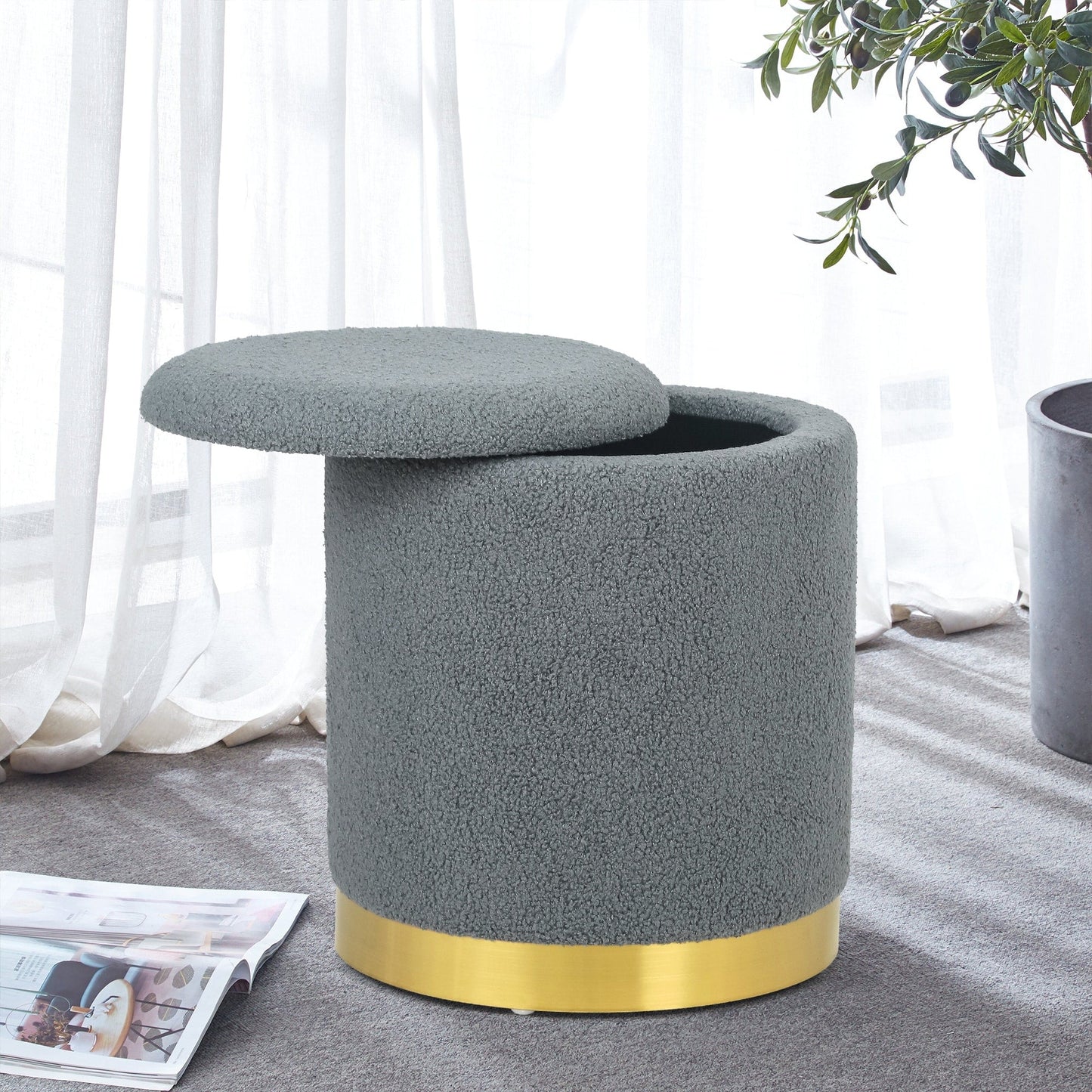 Adeco Velvet Round Storage Stool Gold Plating Base Storage Ottoman