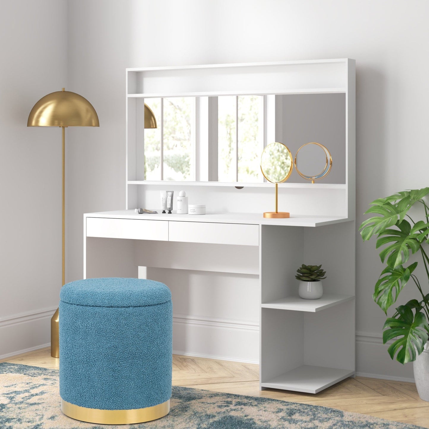 Adeco Velvet Round Storage Stool Gold Plating Base Storage Ottoman