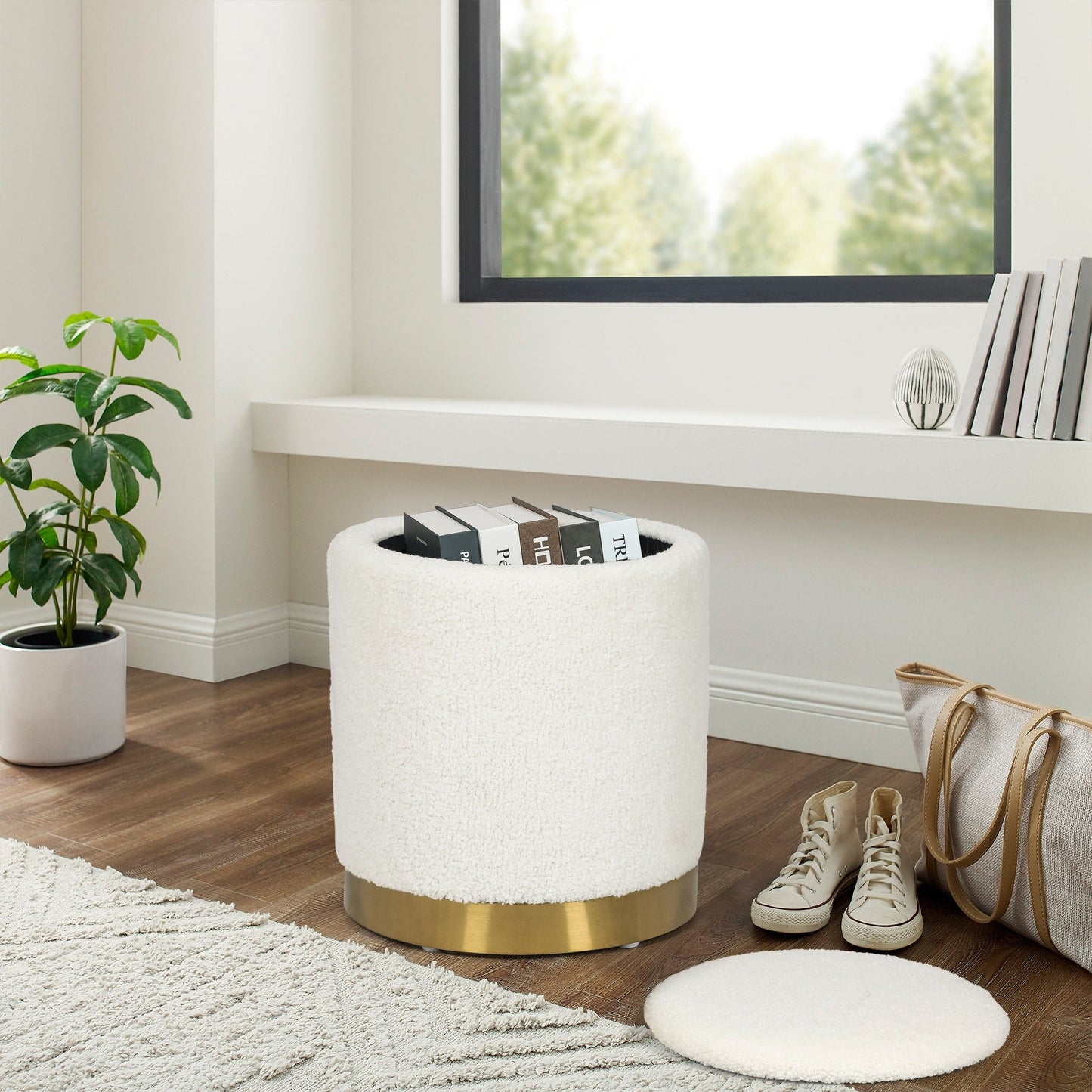Adeco Velvet Round Storage Stool Gold Plating Base Storage Ottoman