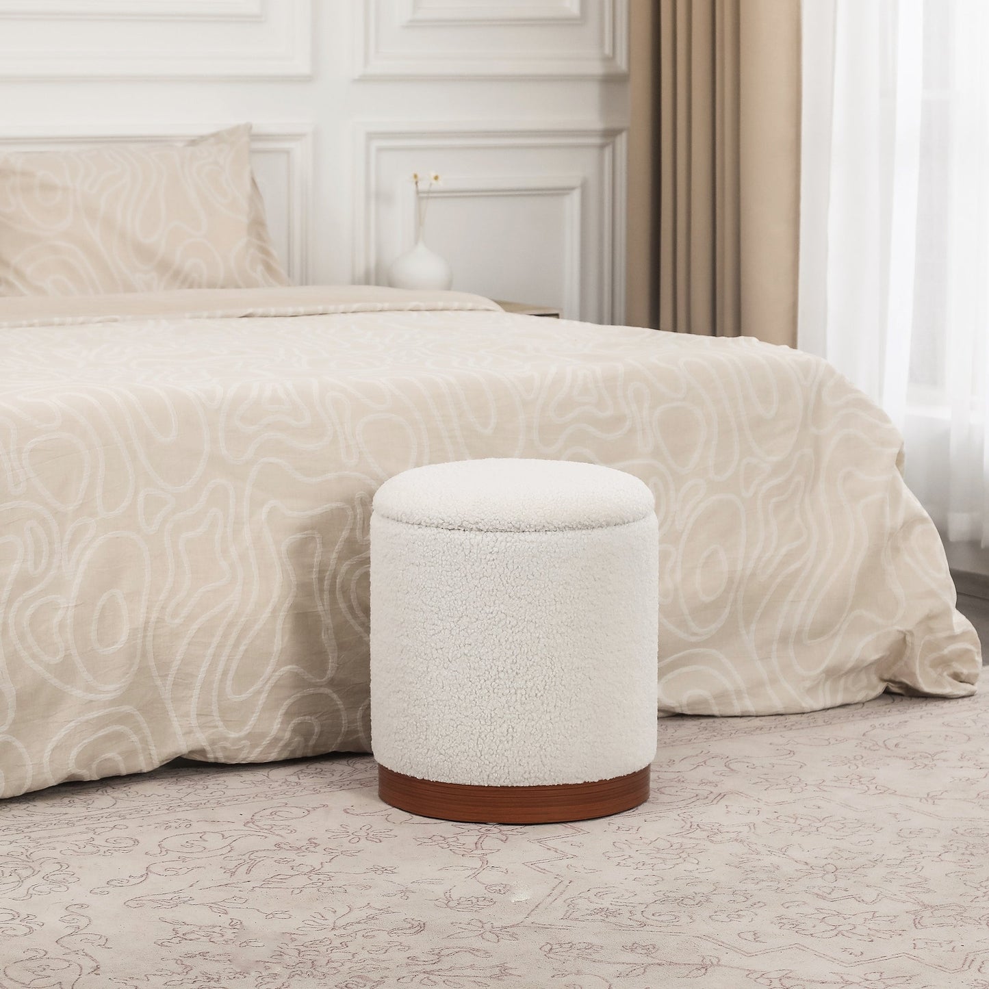 Adeco Velvet Round Storage Stool Gold Plating Base Storage Ottoman