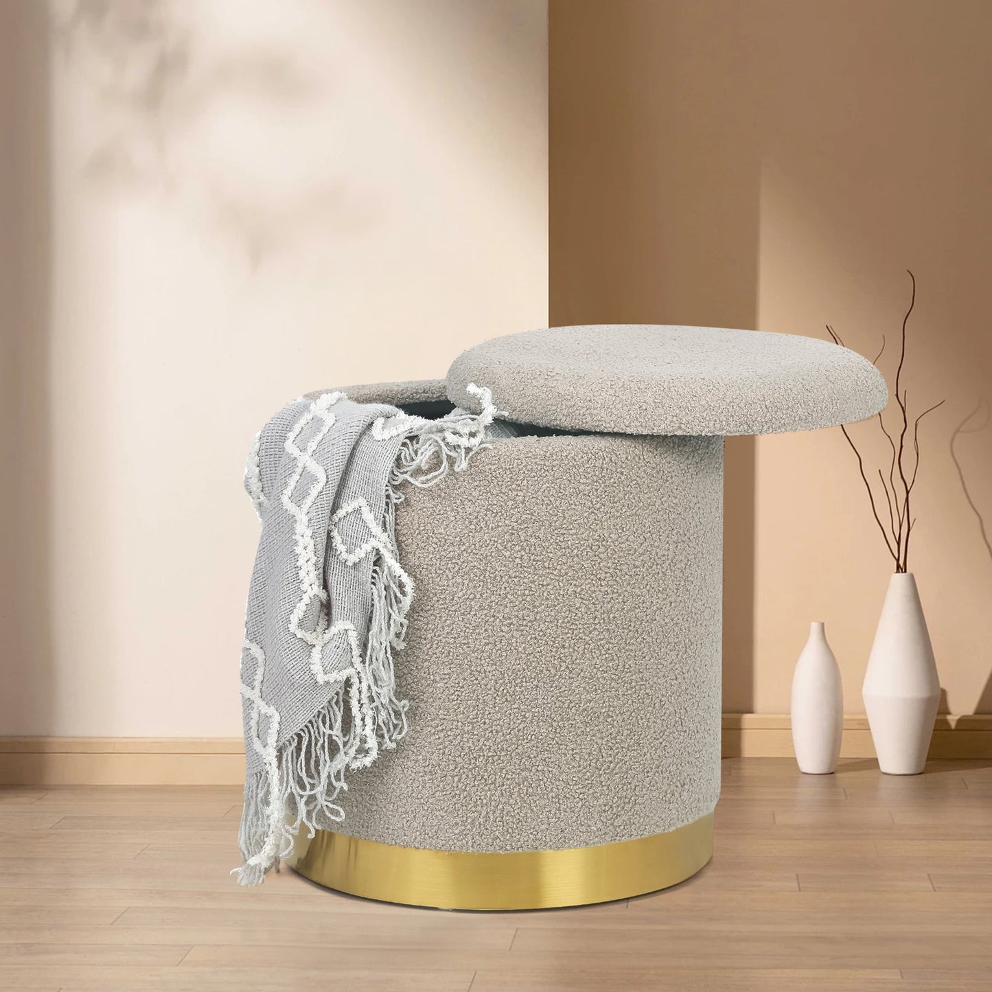 Adeco Velvet Round Storage Stool Gold Plating Base Storage Ottoman