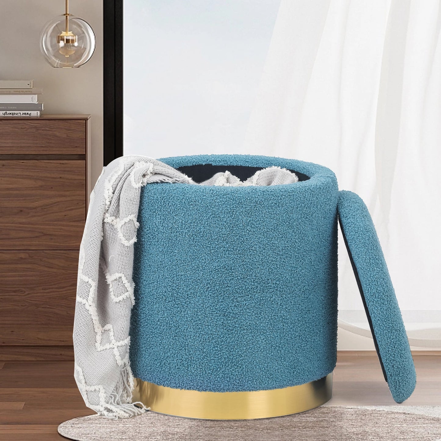 Adeco Velvet Round Storage Stool Gold Plating Base Storage Ottoman