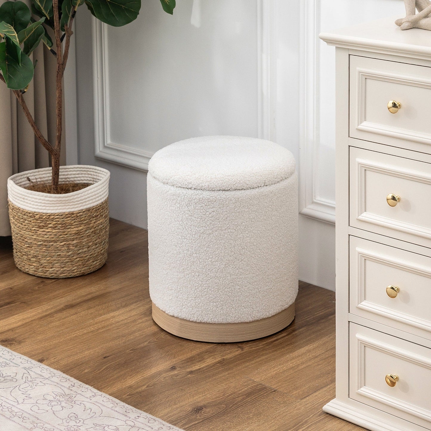 Adeco Velvet Round Storage Stool Gold Plating Base Storage Ottoman