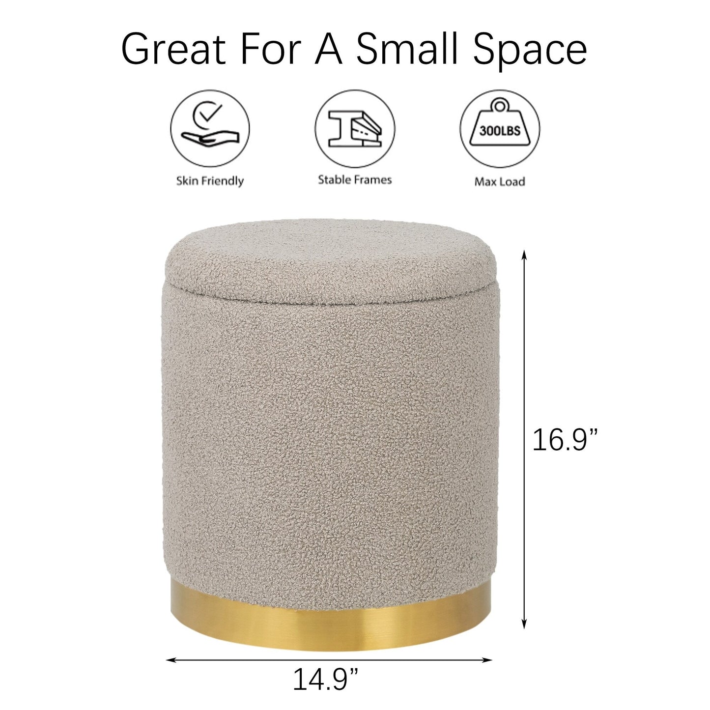 Adeco Velvet Round Storage Stool Gold Plating Base Storage Ottoman
