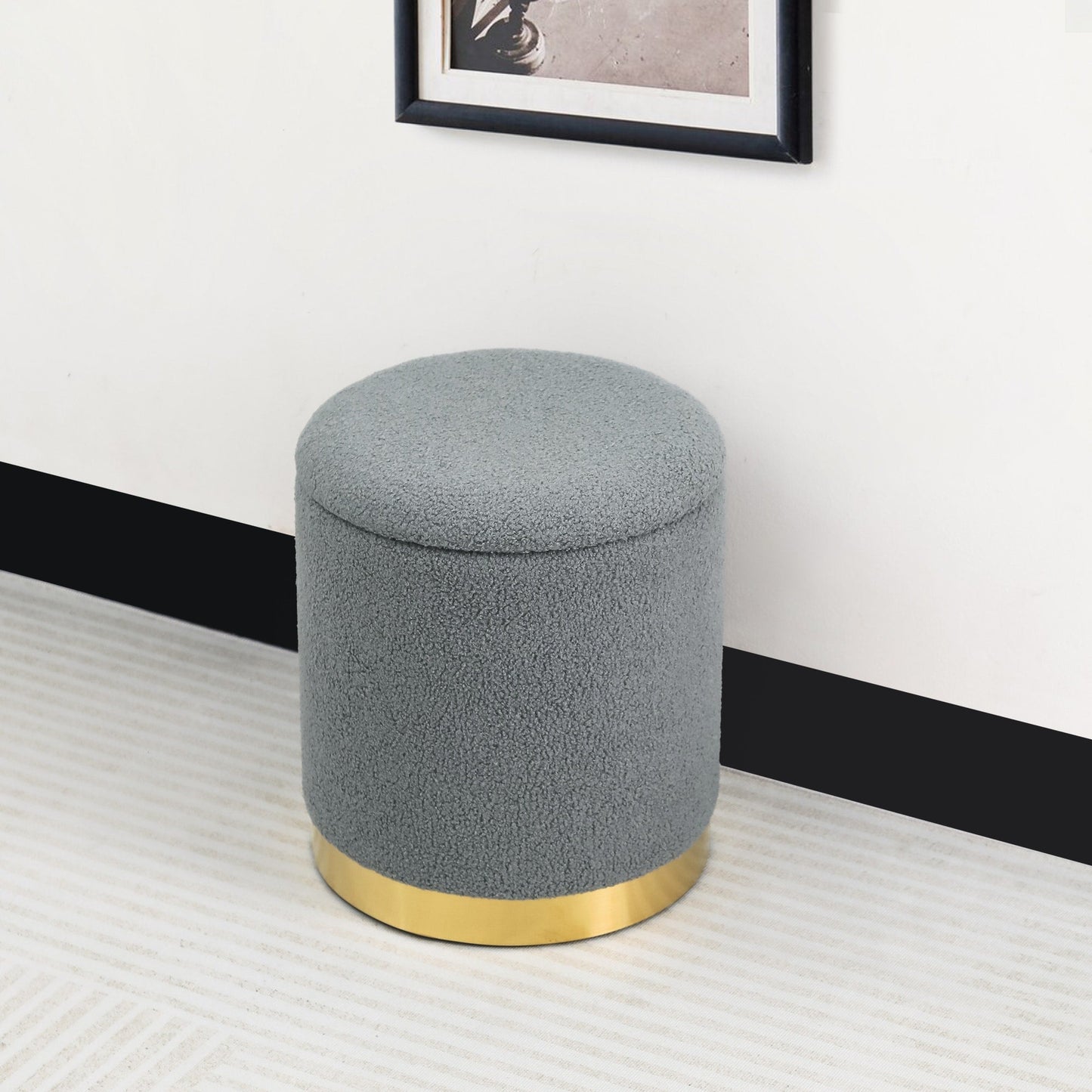 Adeco Velvet Round Storage Stool Gold Plating Base Storage Ottoman