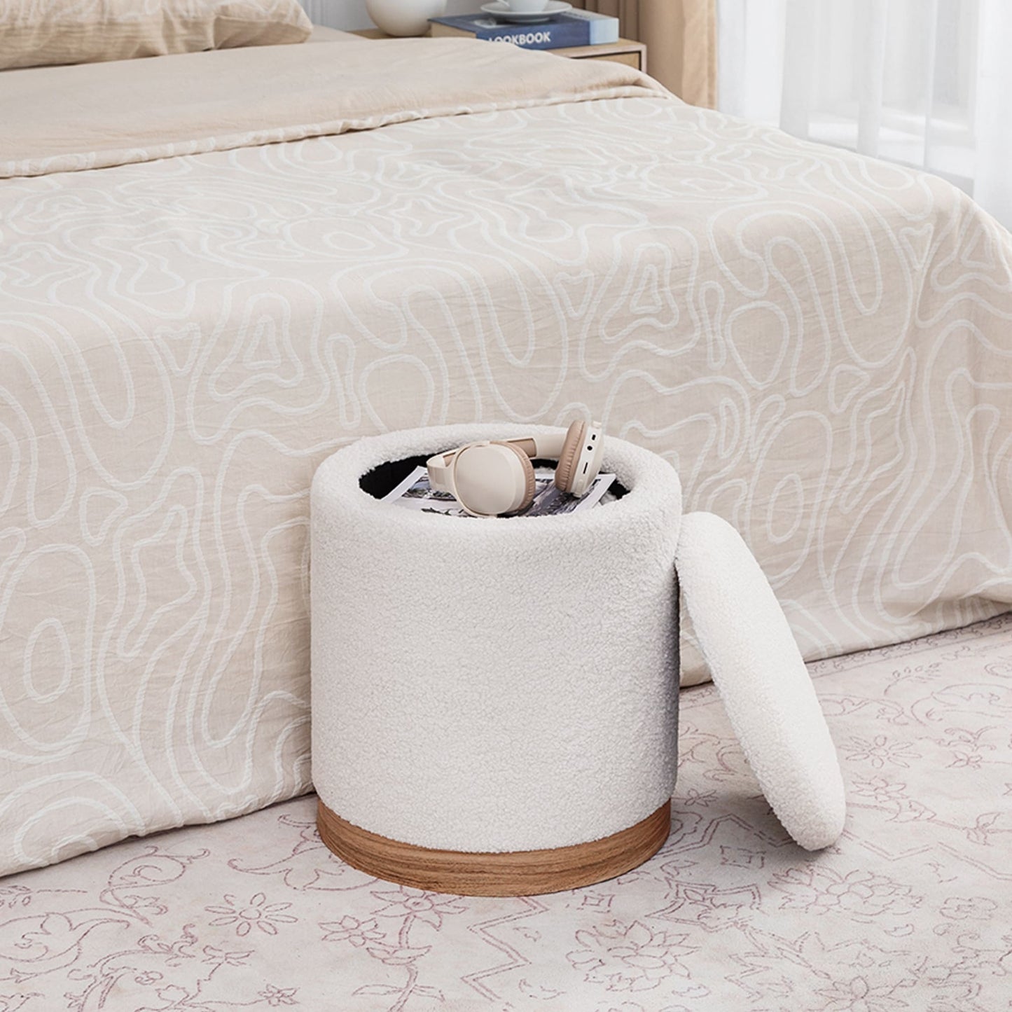 Adeco Velvet Round Storage Stool Gold Plating Base Storage Ottoman