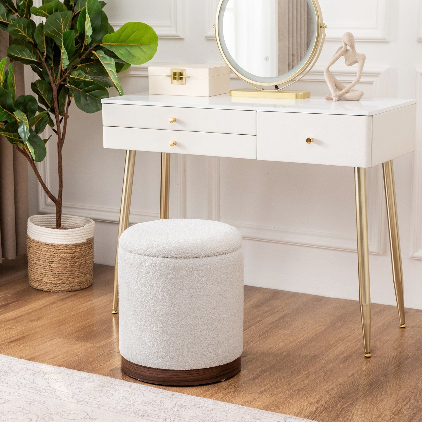 Adeco Velvet Round Storage Stool Gold Plating Base Storage Ottoman