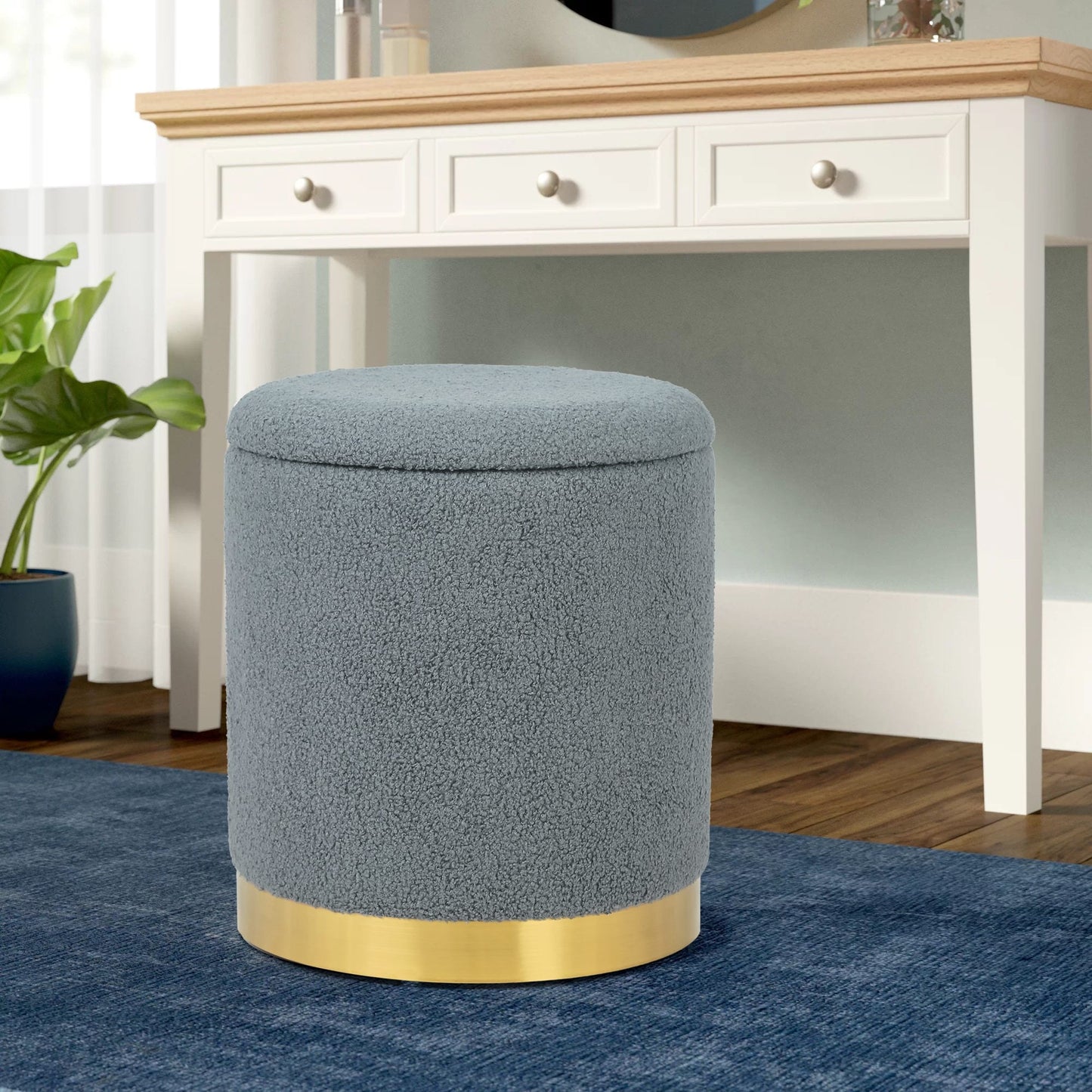 Adeco Velvet Round Storage Stool Gold Plating Base Storage Ottoman