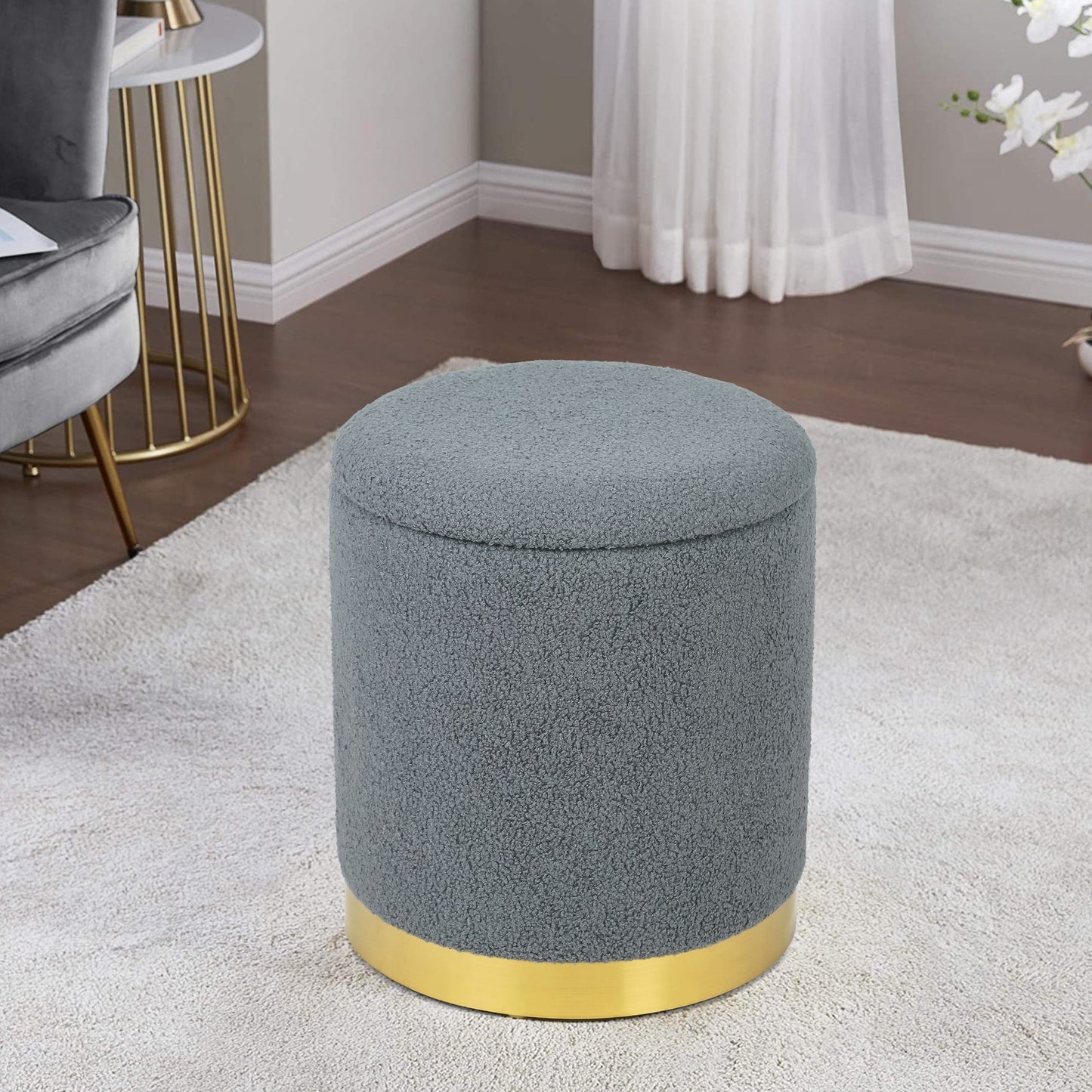 Adeco Velvet Round Storage Stool Gold Plating Base Storage Ottoman