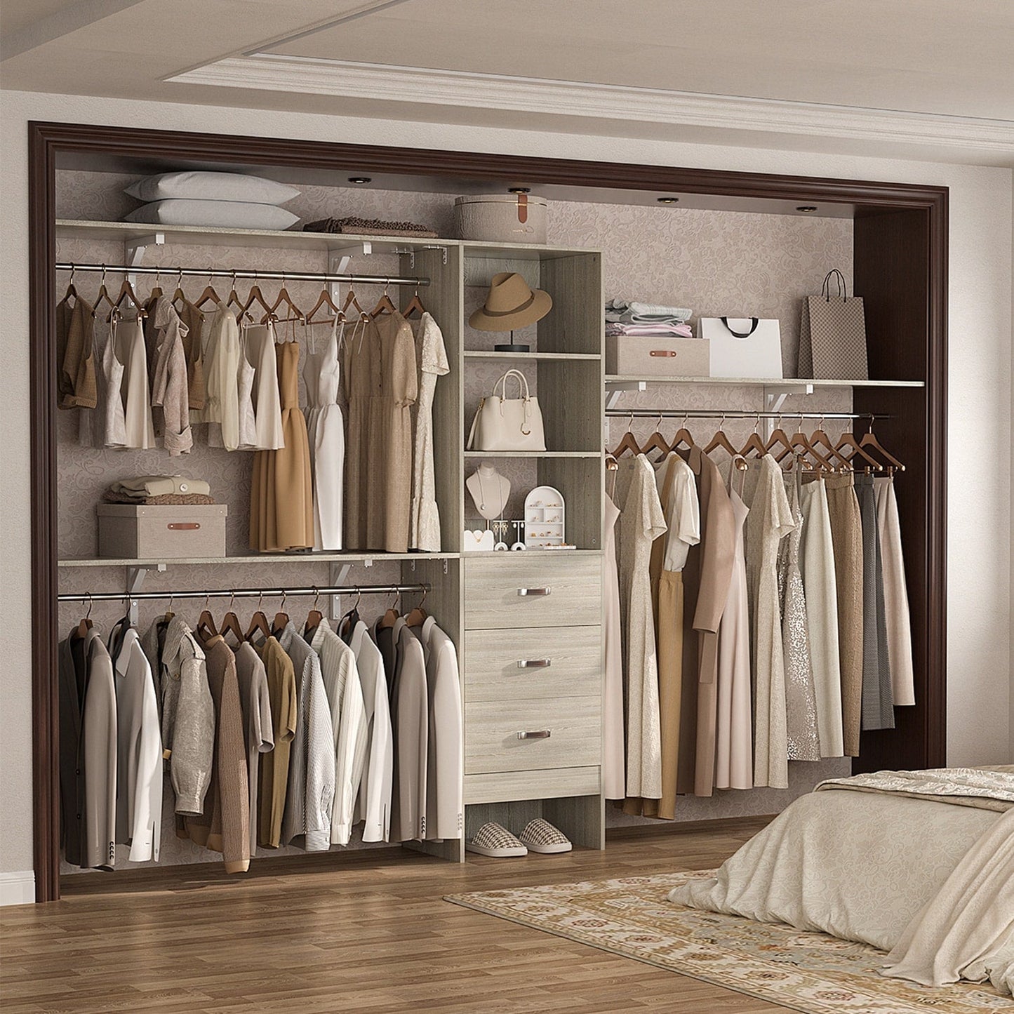Rackcog 120'' Adjustable Closet Organizer with Drawers, Closet System with DIY Shelves for Reach-in and Walk-in Closet