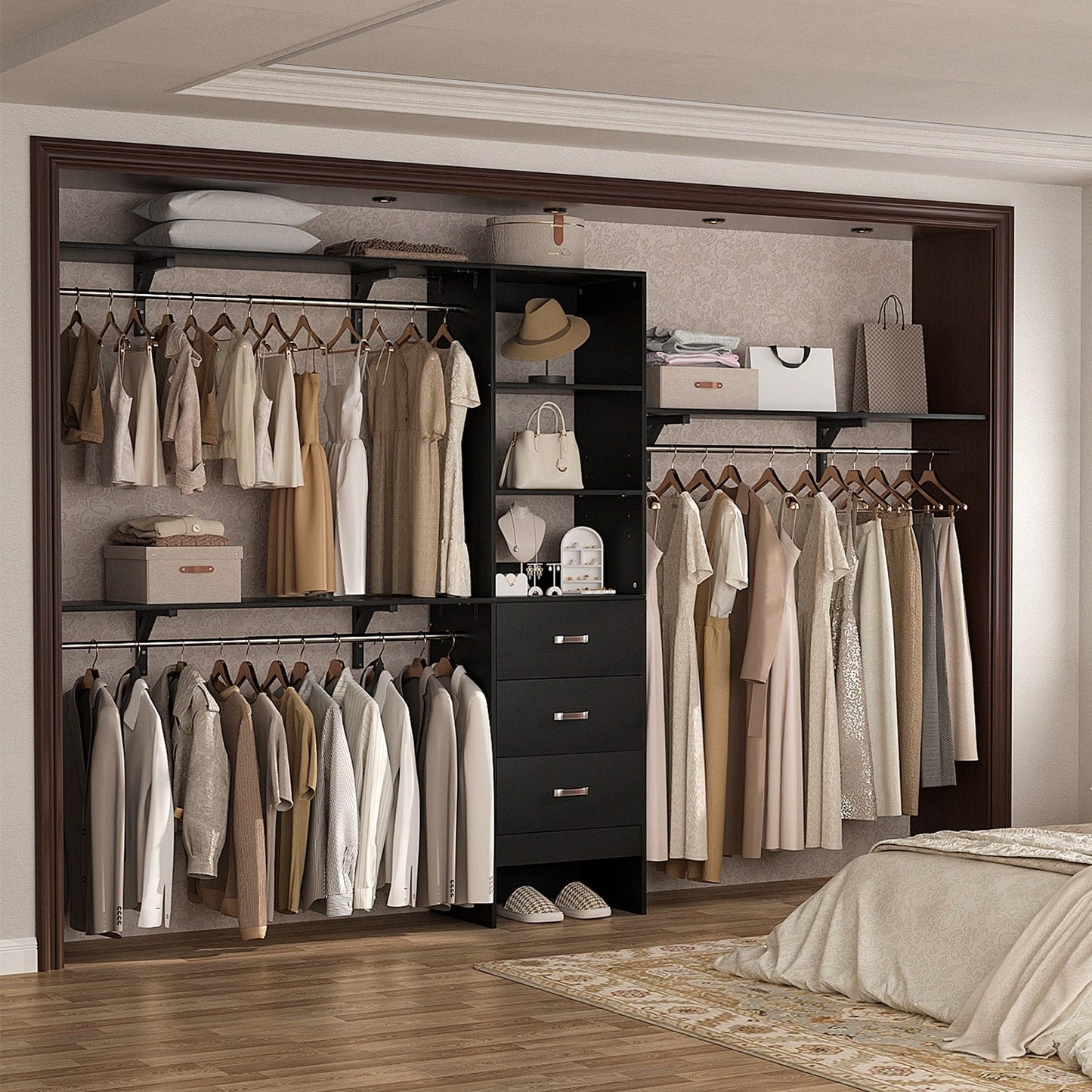 Rackcog 120'' Adjustable Closet Organizer with Drawers, Closet System with DIY Shelves for Reach-in and Walk-in Closet